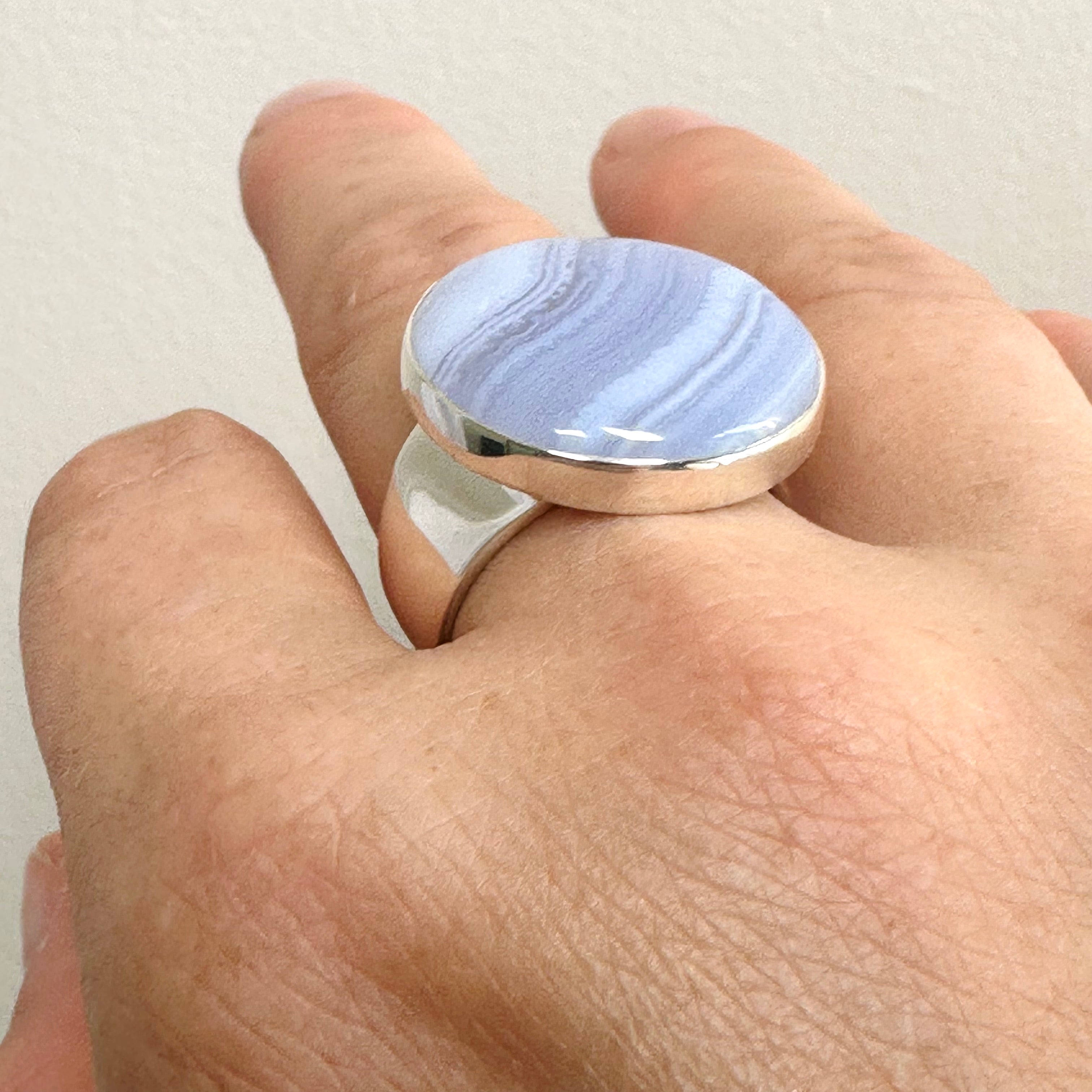 Blue Lace Agate Round Cabochon Ring - Size 11 - KRGJ3371 - Elegant Handmade Jewelry for Women, Perfect for Weddings, Parties & Everyday Wear