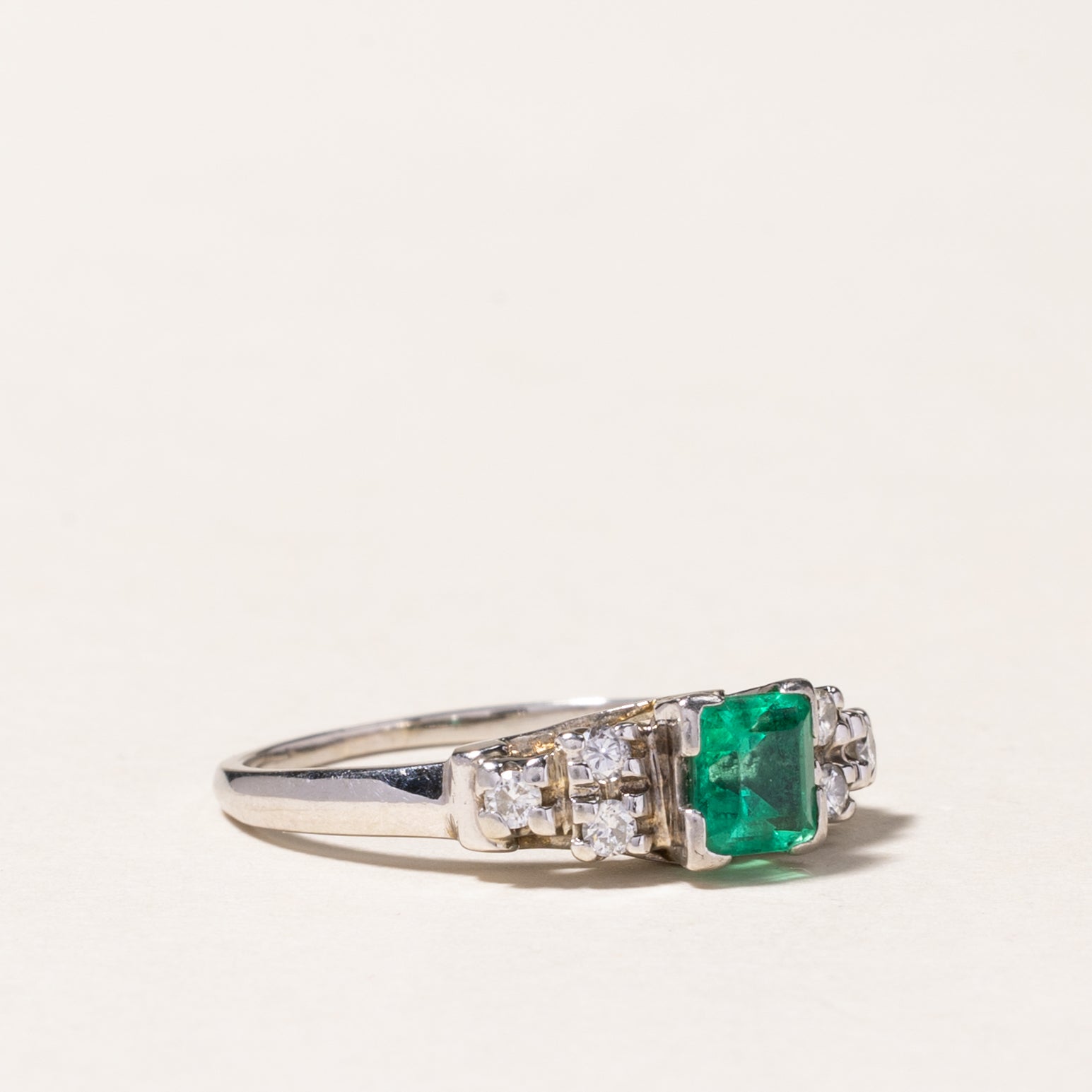 10K White Gold Emerald and Diamond Ring - 0.45ct Emerald & 0.10ctw Diamonds - Size 5.25 - Elegant Engagement, Wedding, Anniversary Gift for Her