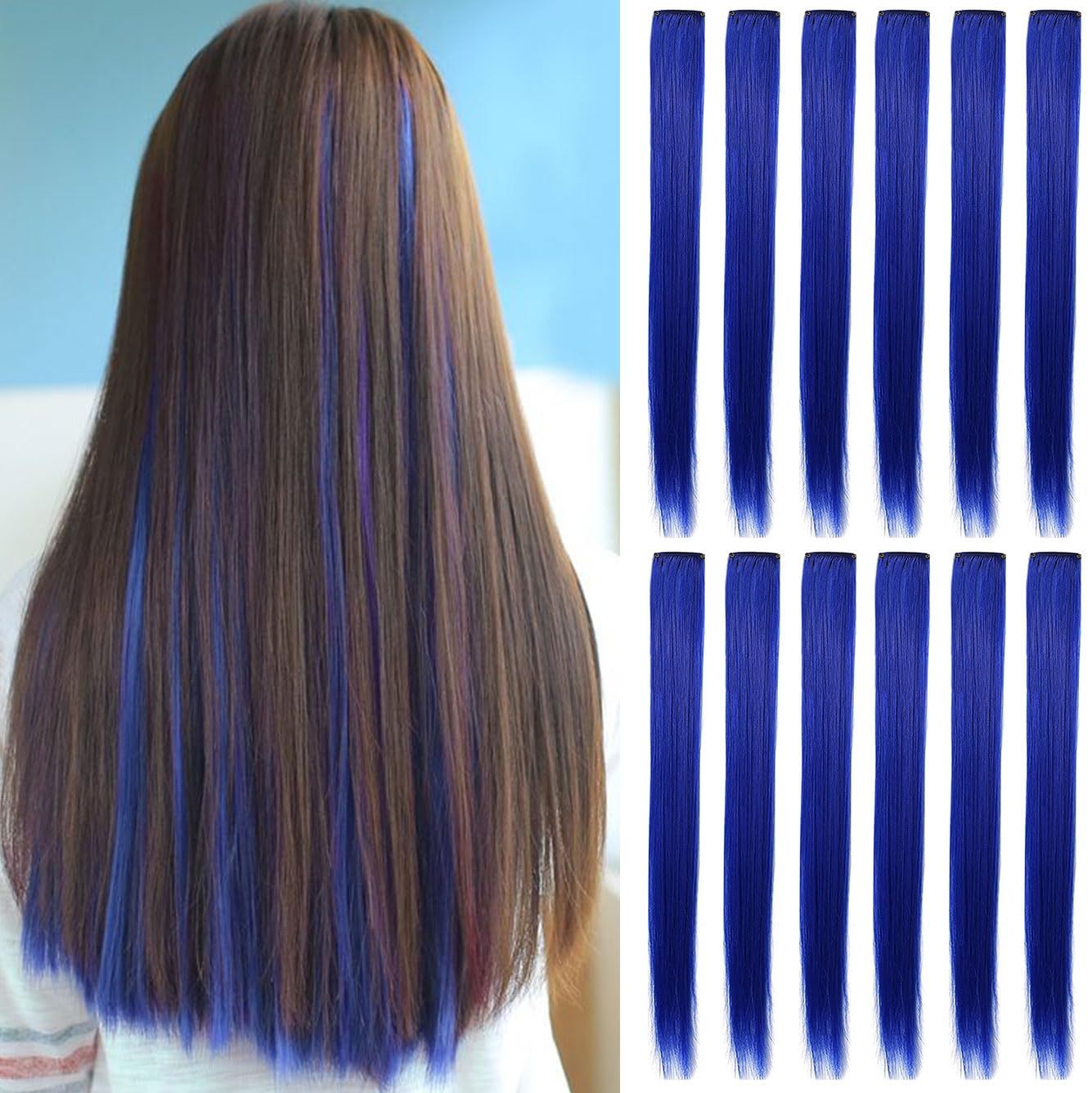 12 PCS Clip-in Blue Hair Extensions for Women & Girls - 21