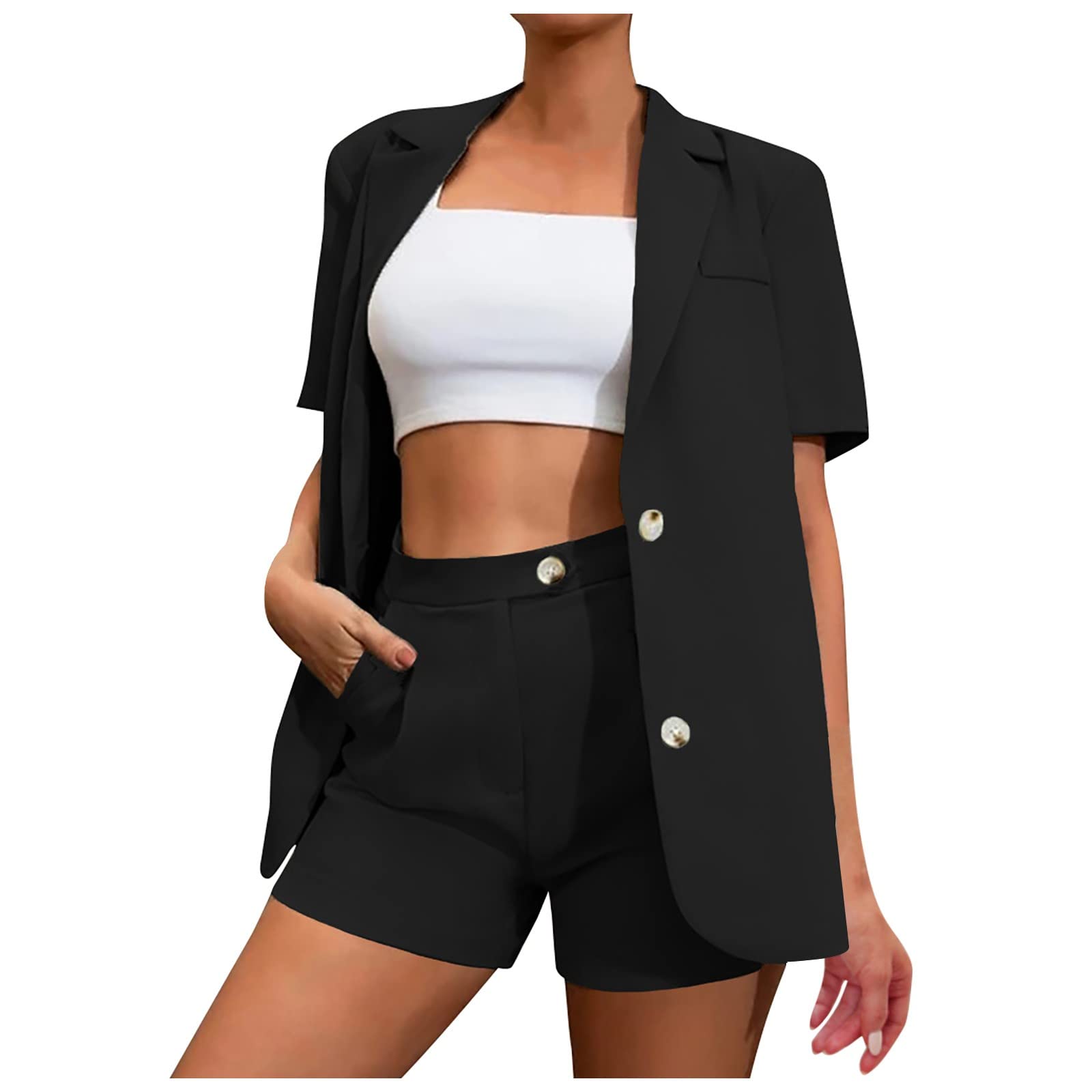 Women's 2-Piece Blazer Set with Pockets | Short Sleeve Solid Color Blazer & Shorts Suit | Office Wear, Summer Outfits & Casual Chic Style