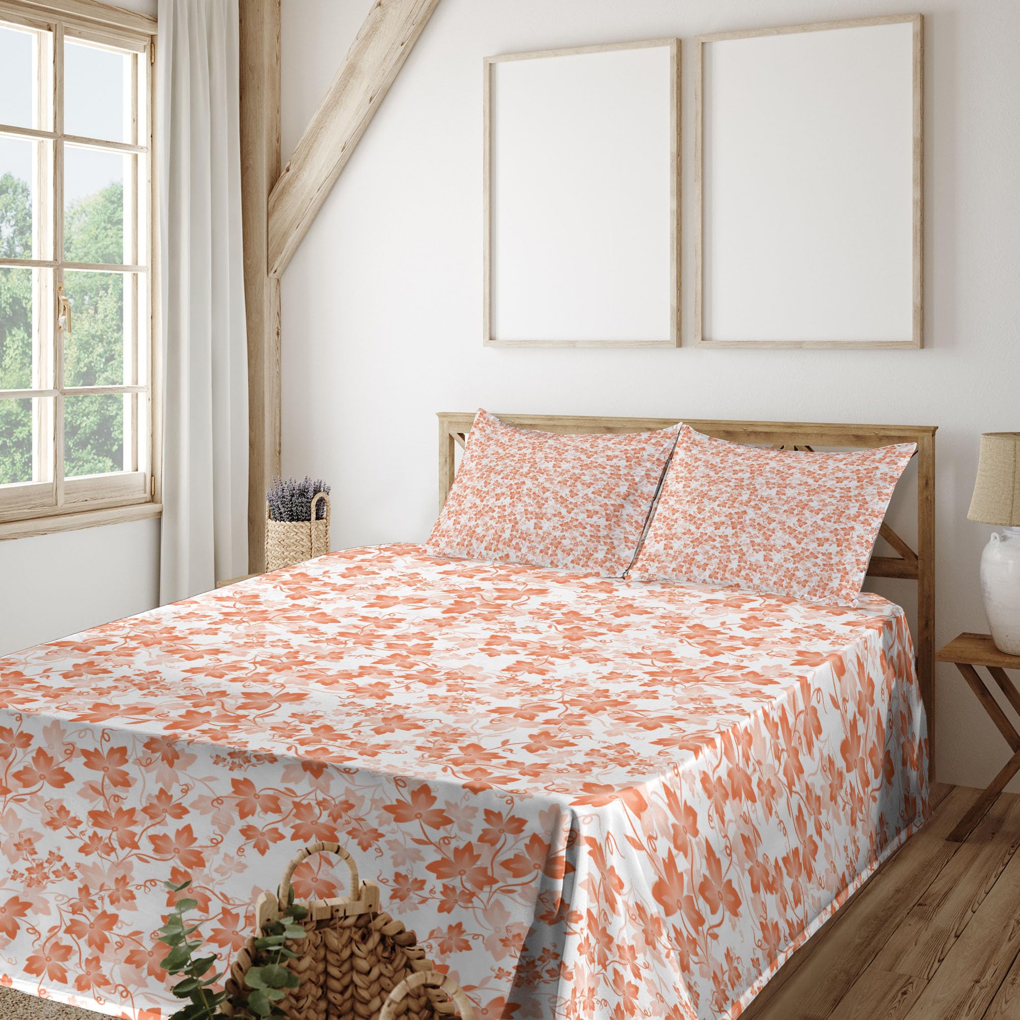 Ambesonne Autumn Sheet Set - Fall Foliage Gradient Art Design, 4-Piece King Size Bedding with Fitted Sheet, Flat Sheet & Pillowcases in White Peach | Cozy Seasonal Home Decor for Fall & Thanksgiving