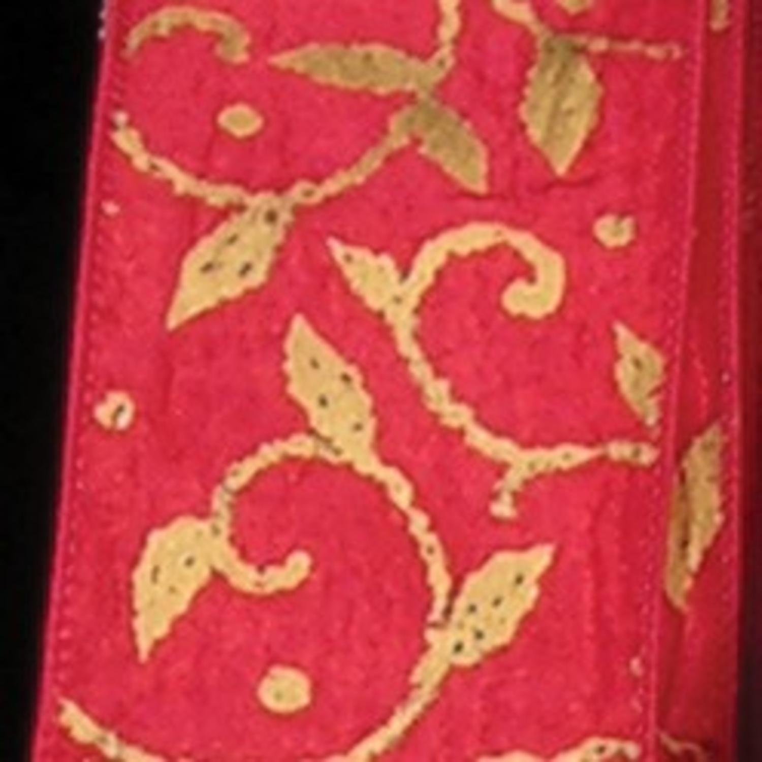 The Ribbon People Red and Gold Swirling Leaves Pattern Satin Wired Craft Ribbon - 2 Inch x 20 Yards Roll for Gift Wrapping, Floral Arrangements, DIY Wedding Decorations and Holiday Crafts