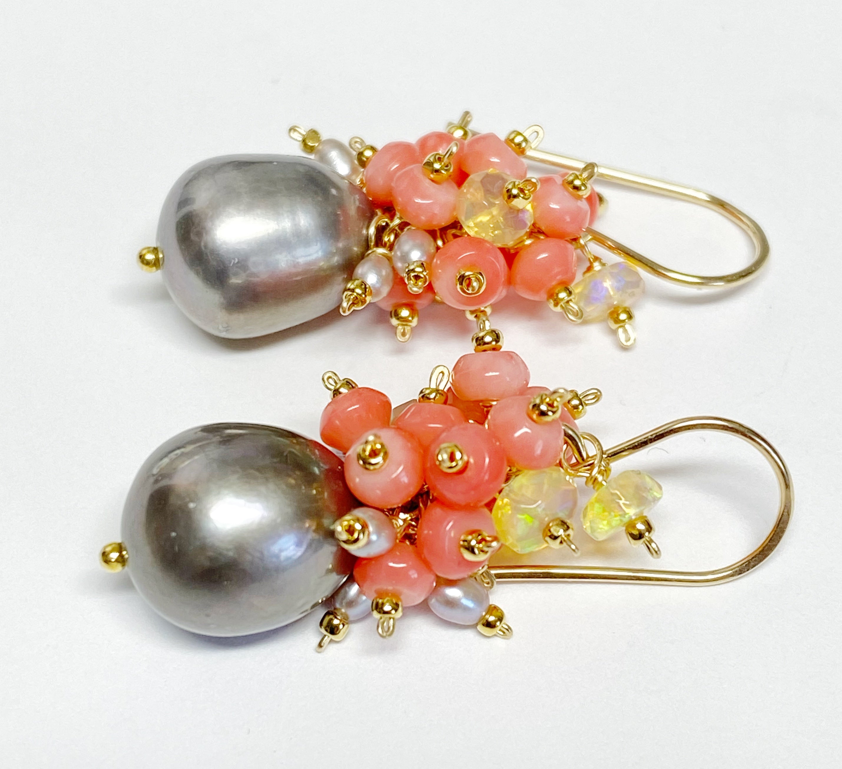 Exquisite Pearl & Coral Cluster Earrings with Genuine Opals - Elegant Boho Jewelry for Women, Perfect for Weddings, Parties & Special Occasions