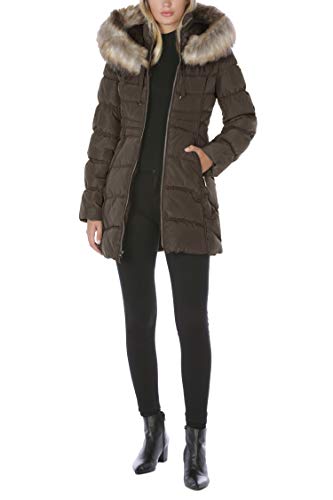 LAUNDRY BY SHELLI SEGAL Women's 3/4 Sleeve Hooded Puffer Jacket with Faux Fur Trim - Winter Warm Coat for Outdoor Activities, Casual Wear & Fashion Style