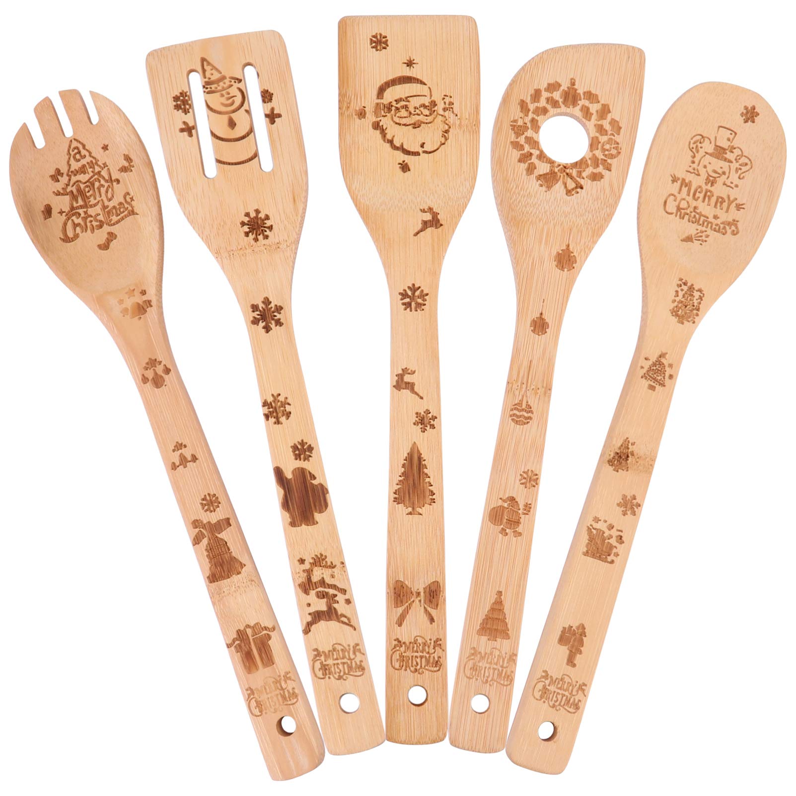5-Piece Christmas Bamboo Cooking Shovel Set - Eco-Friendly Kitchen Spatula for Baking, Stirring & Serving - Perfect Holiday Kitchen Gadget & Utensil for Christmas Cooking, Baking & Home Decor
