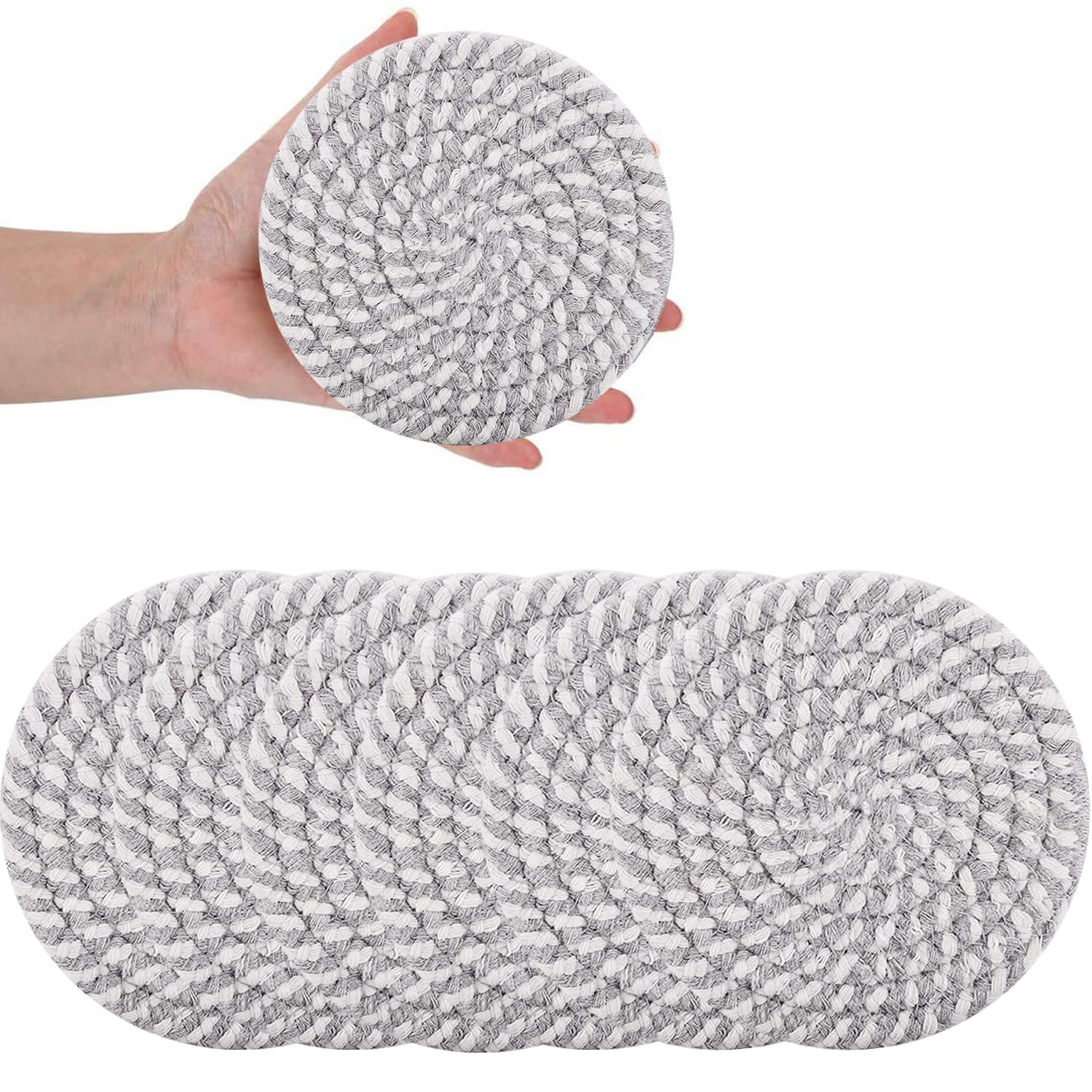 Handmade Braided Super Absorbent Drink Coasters - 6 Pack (4.3 Inch Round, 8mm Thick) Heat-Resistant Beverage Coasters for Coffee, Wine & Cocktails - Perfect Housewarming Gift (Mixed Gray) - Ideal for Dining Tables, Coffee Bars & Home Decor