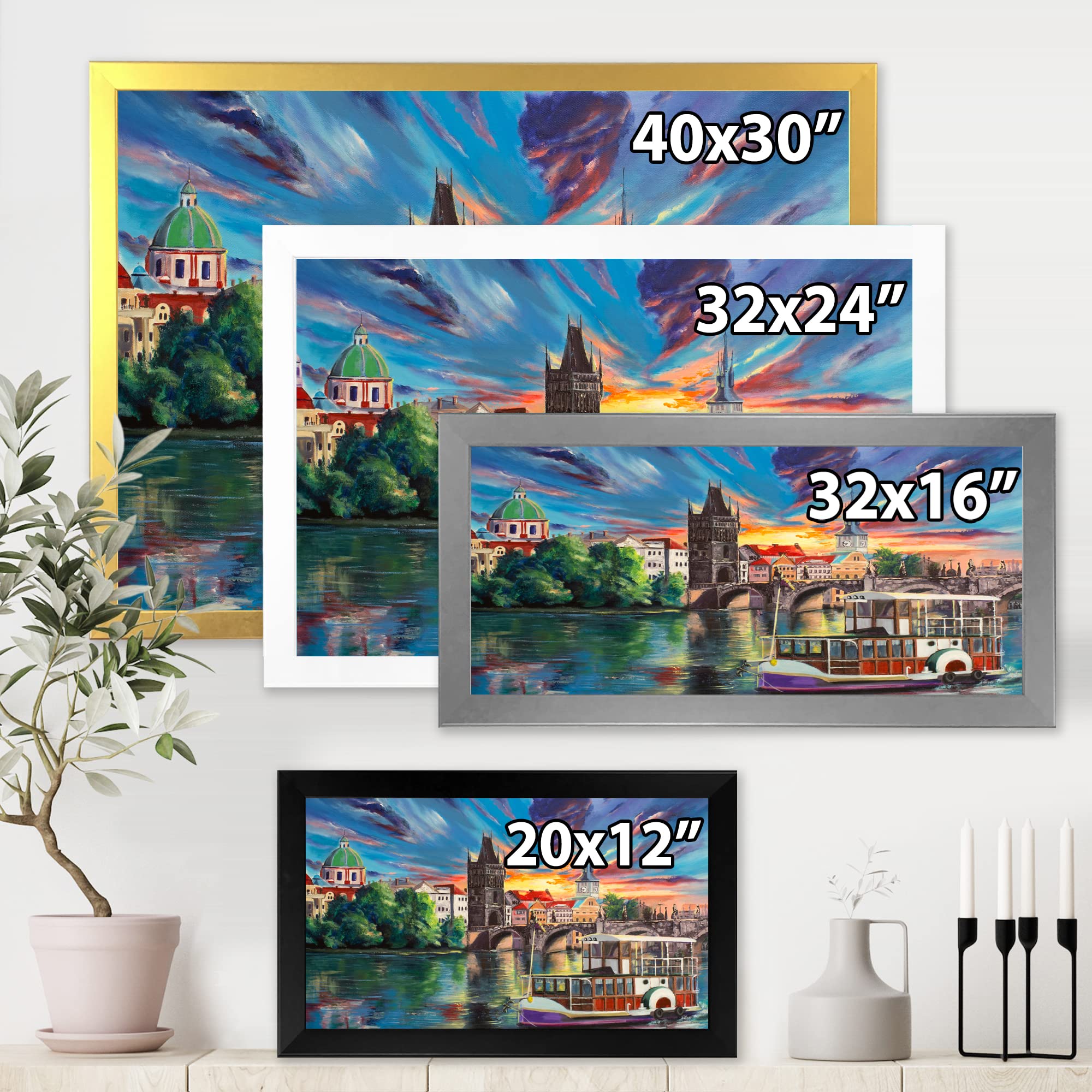 DesignQ Framed Wall Art - Cityview of Prague at Sunset, Children's Art Painting for Home Decor, Perfect for Living Room, Bedroom & Nursery