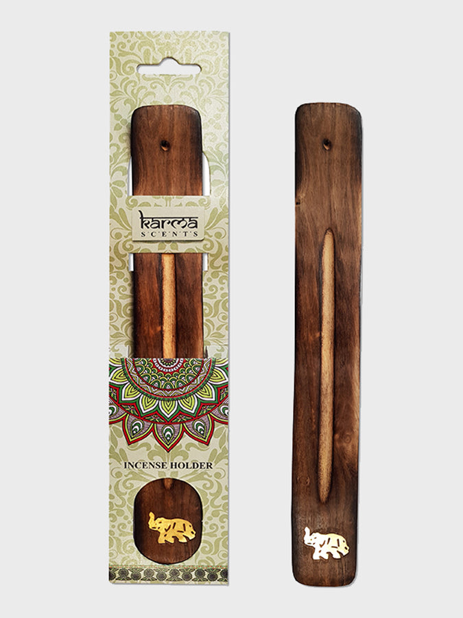 Namaste Karma Scents Brass Inlay Mango Wood Incense Ash Catcher Holder with Elephant Design - Perfect for Yoga, Meditation & Home Decor