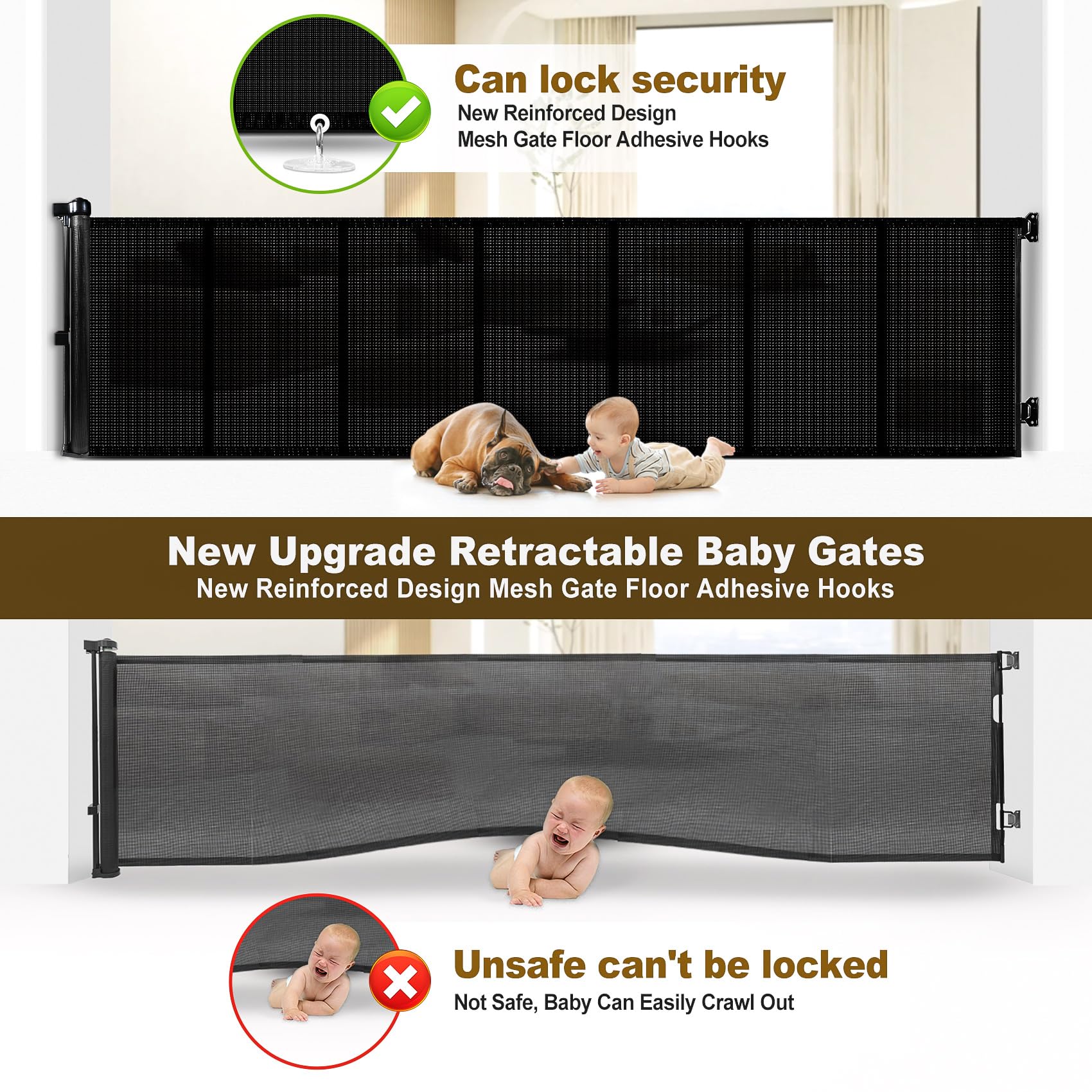 Upgrade 120 Inch Extra Wide Retractable Baby Gate with Reinforced Strip Design - 10ft Expandable Pet Gate, 42