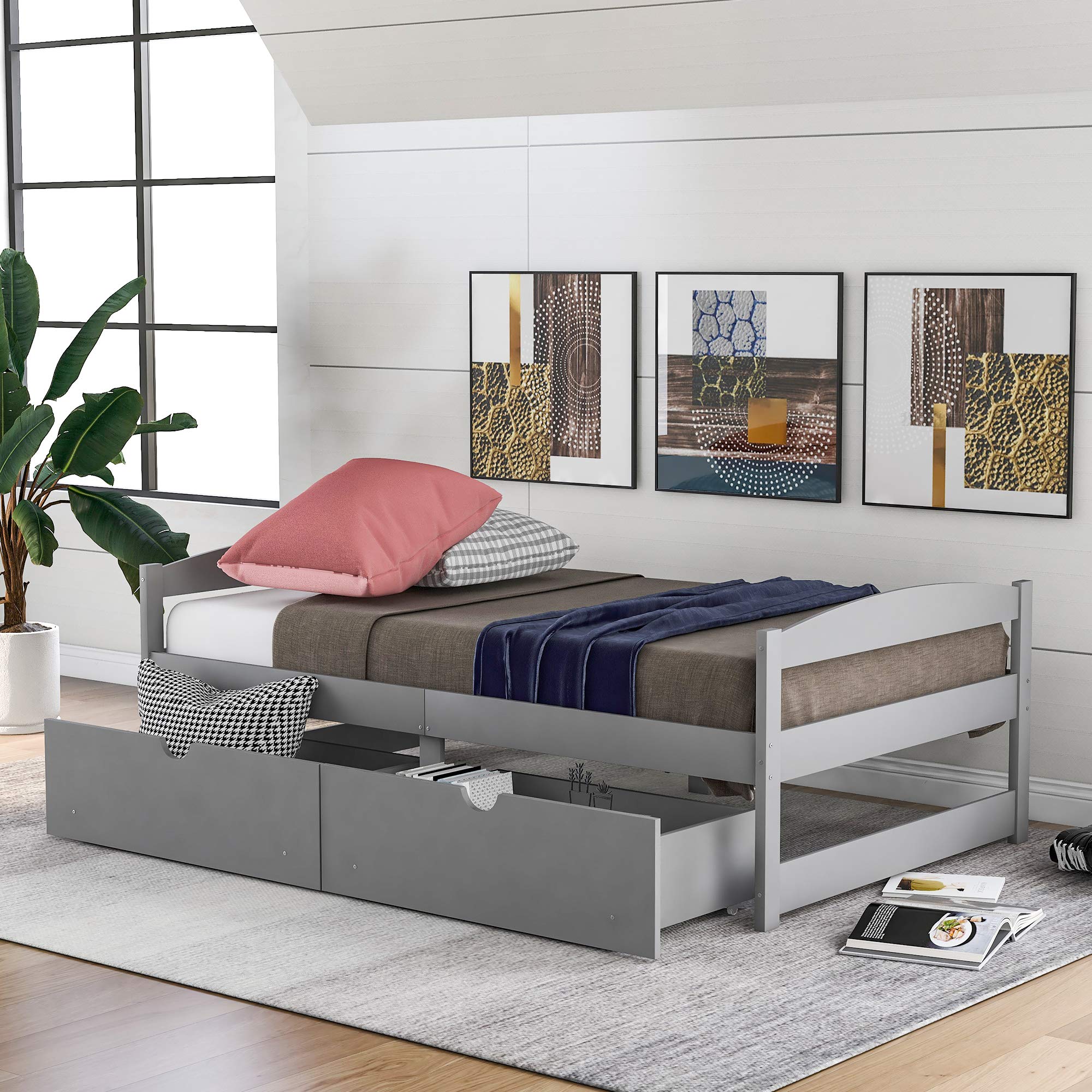 Merax Classic Solid Wood Twin Size Daybed with Storage Drawers - Grey Platform Bed for Living Room, Bedroom & Guest Room - Perfect for Small Spaces, Sleepovers & Extra Seating