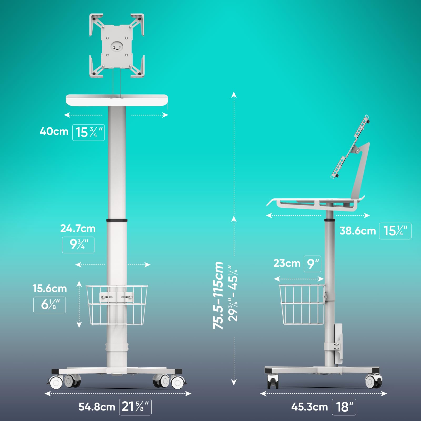 Adjustable Rolling Medical Cart with Pneumatic Mobile Workstation - iPad Enclosure for 9.7-13