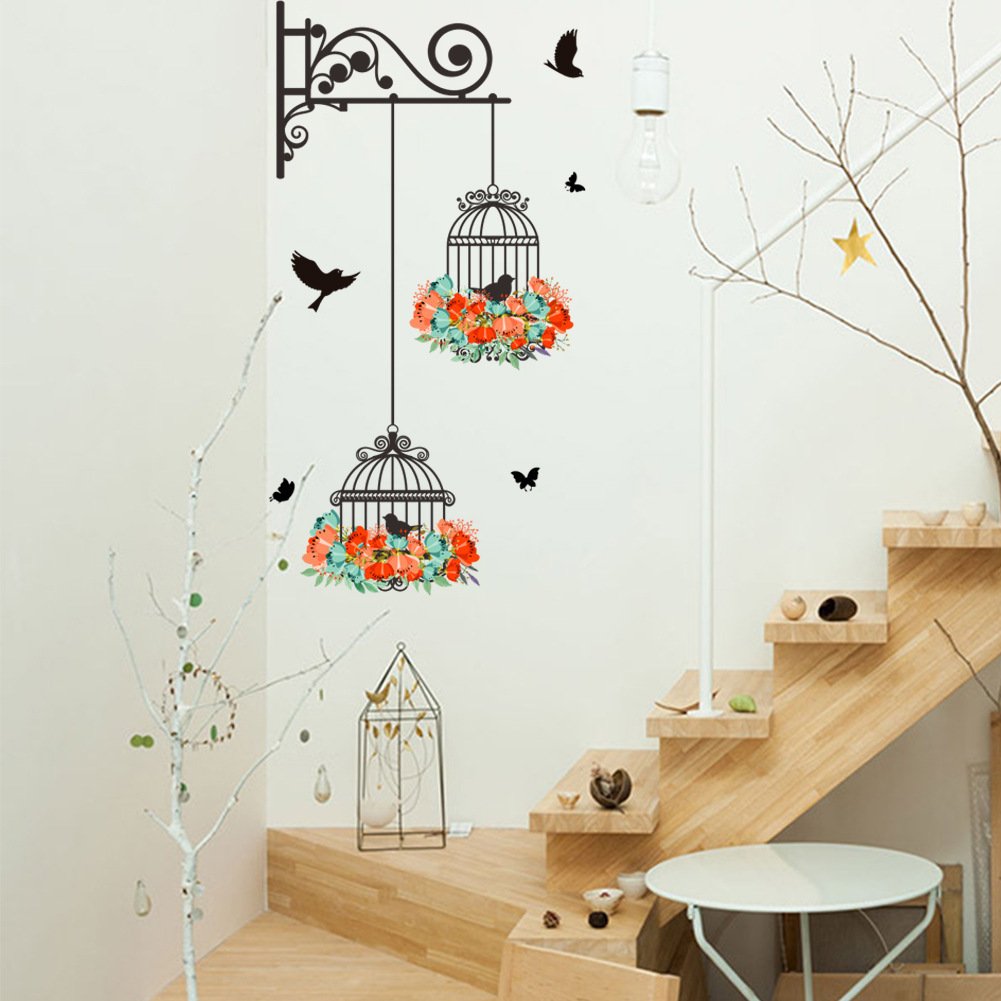 Birdcage Flower & Flying Birds Wall Decals - Removable Vinyl Stickers for Nursery, Kids Room & Living Room Decor - Home Art Mural for Bedroom, Lobby & Playroom - Perfect for Baby Shower Gifts & Wall Decorations