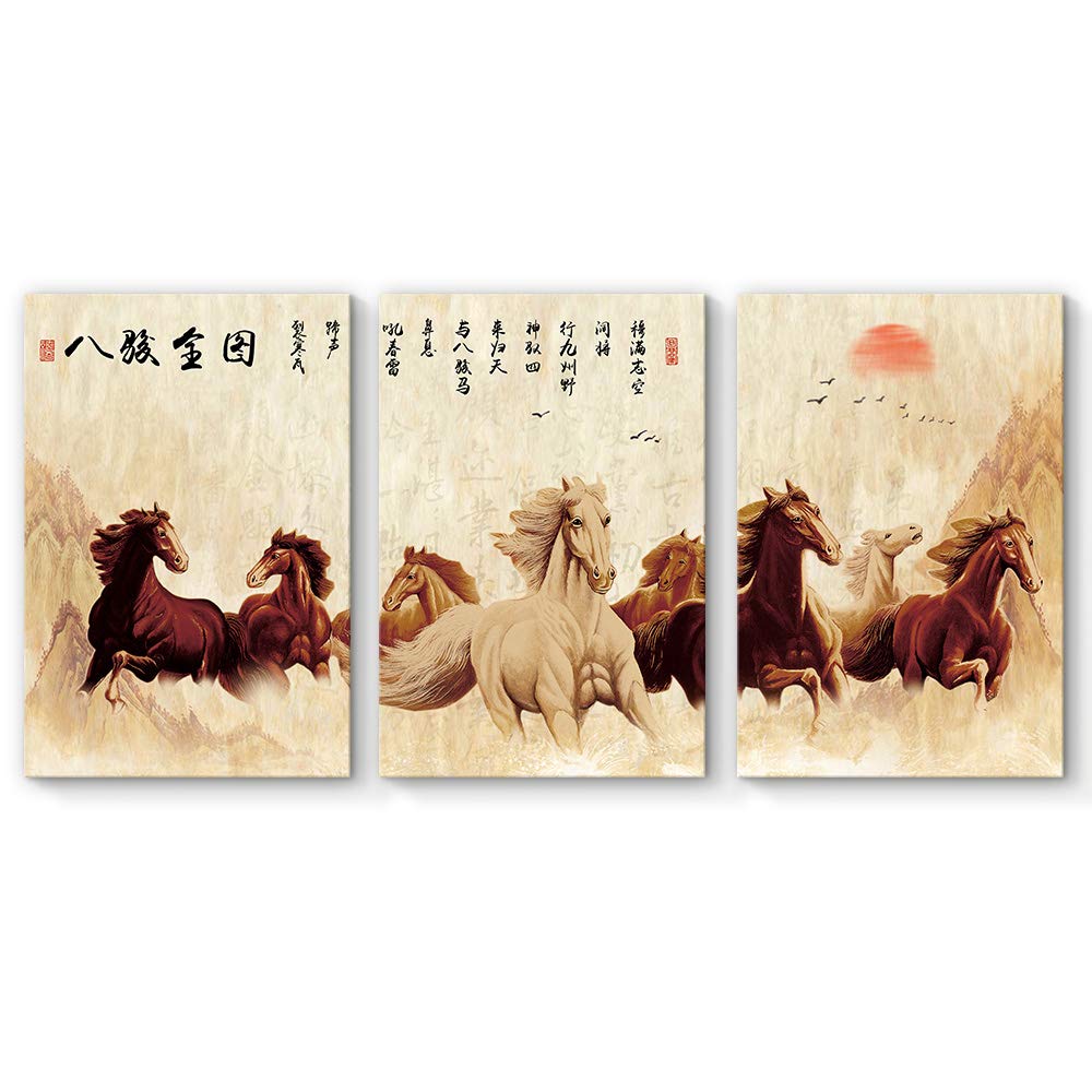IDEA4WALL Chinese Eight Horses Painting Canvas Wall Art - 24x36 Inch Framed Home Decor (Set of 3 Panels) | Perfect for Living Room, Bedroom & Office Wall Decor