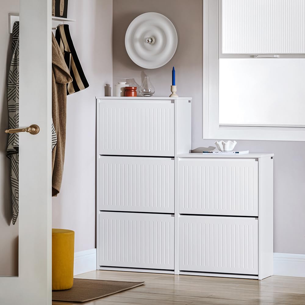 3-Tier Flip-Drawer Shoe Storage Cabinet - Freestanding Shoe Organizer for Entryway & Narrow Hallway - White Shoe Rack for Small Spaces - Perfect for Apartments, Dorm Rooms & Closet Organization
