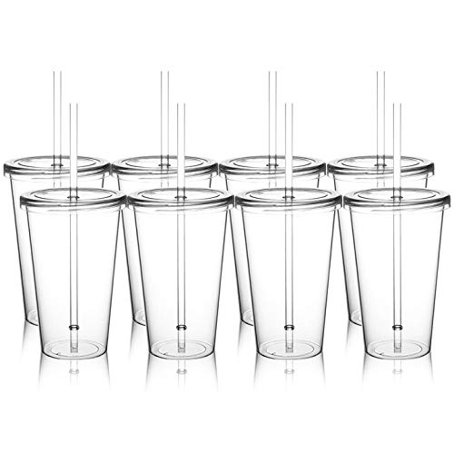 MEWAY 16oz Clear Classic Tumbler 8-Pack - Reusable Plastic Cups with Straw, PETG Material for Cold Drinks & Juice - Crystal Clear, Durable & Shatterproof - Perfect for Parties, Picnics & Office Use