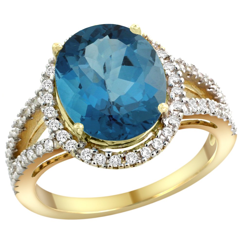 14K Yellow Gold Natural London Blue Topaz Oval Ring with Diamond Accents (12x10mm, Sizes 5-10) | Elegant Engagement, Anniversary & Gift Jewelry for Women