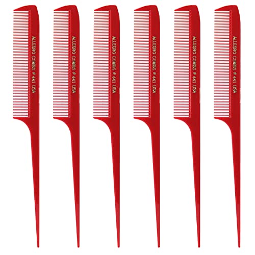 Allegro Combs 441 - 8.5 Inch Rat Tail Comb Set for Hair Styling, Braiding & Parting - Fine Teeth Rattail Hair Picks (6-Piece, Red) - Perfect for Salon Professionals & DIY Hair Care at Home