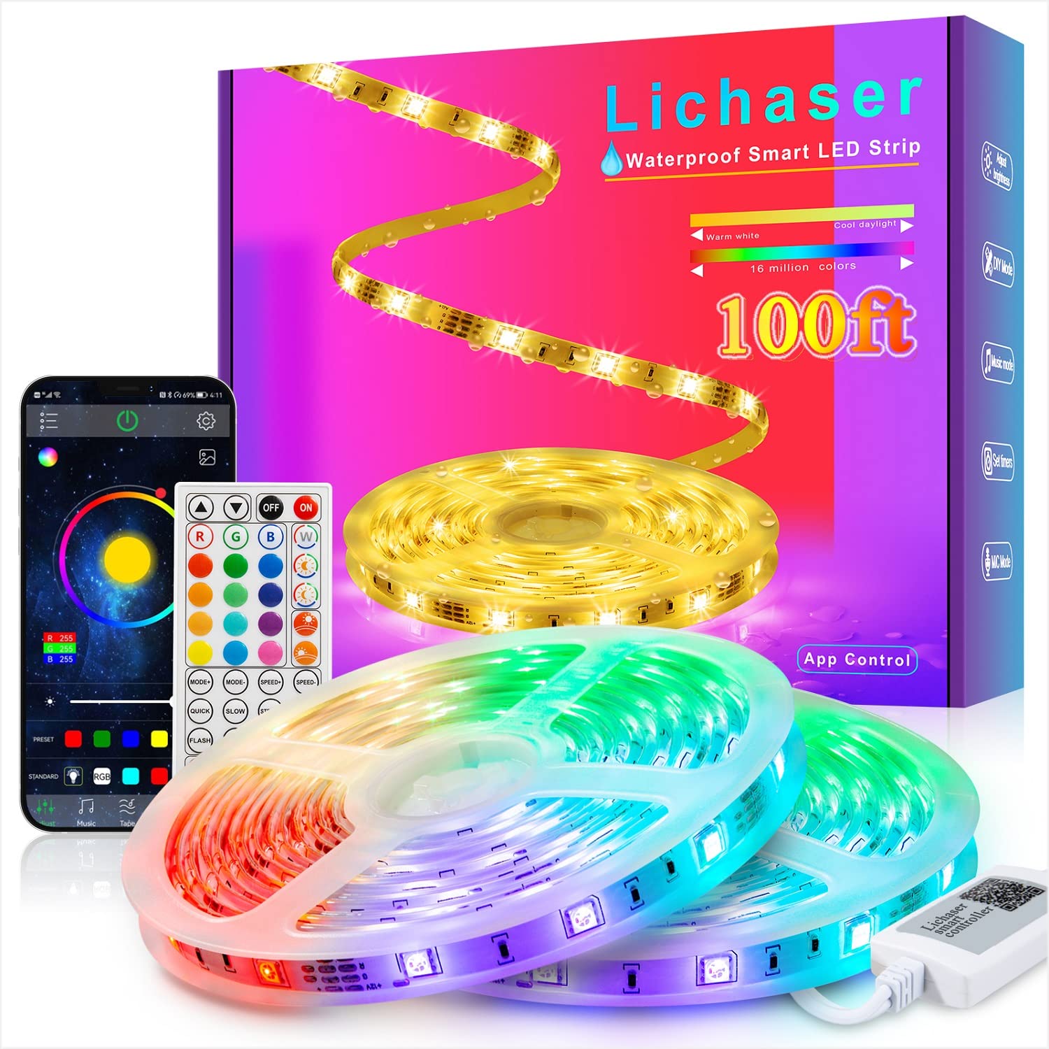 100ft Waterproof LED Light Strips - 12V RGB Outdoor Smart Bluetooth App Control, Color Changing Christmas Rope Lights for Balcony, Gazebo, Patio, Bedroom - Perfect for Holiday Decor, Party Lighting & Home Ambiance