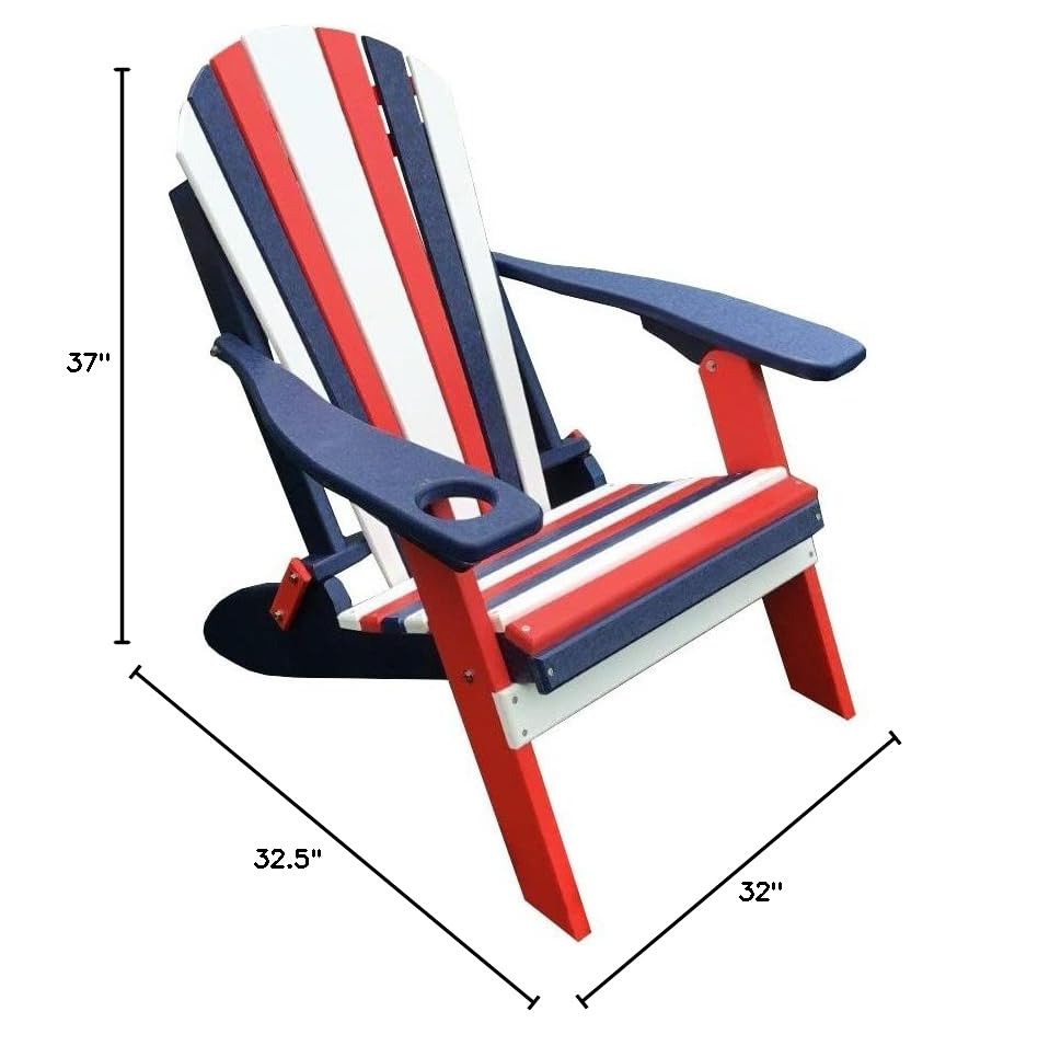 Folding Adirondack Chair Outdoor Patio Furniture - Durable Poly Material, Red White & Blue Patriotic Design - Perfect for Backyard, Poolside & Beach Relaxation