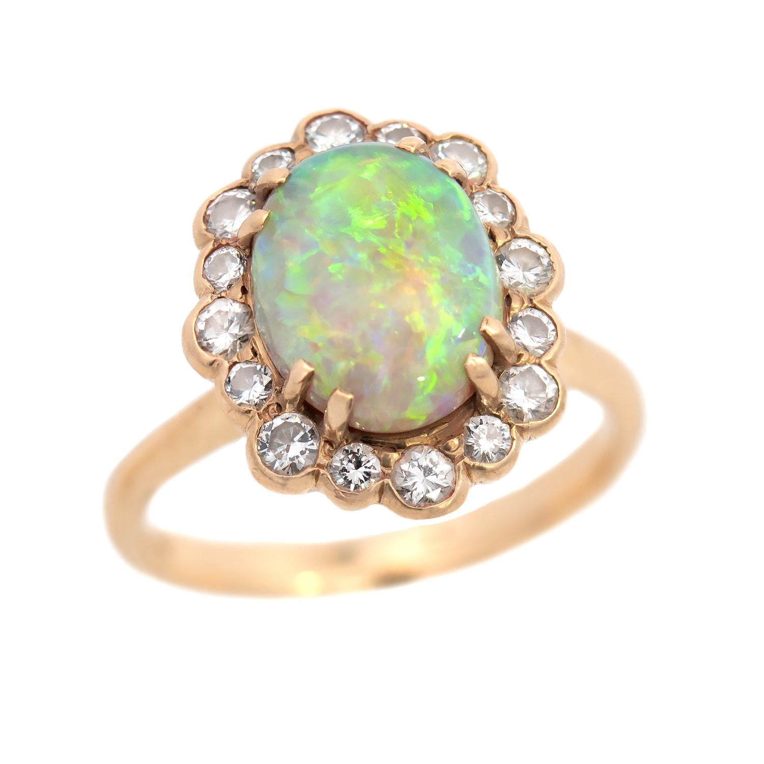 Vintage 18K Gold Opal and Diamond Halo Ring - Elegant Engagement, Wedding, Anniversary Jewelry Gift for Women