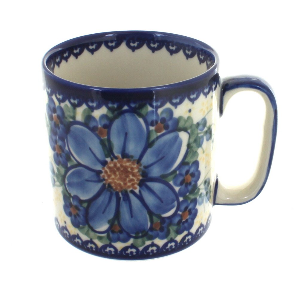 Handmade Blue Rose Polish Pottery Daisy Coffee Mug - 12oz Ceramic Tea Cup with Surprise Floral Design - Perfect for Home, Office & Gift Giving