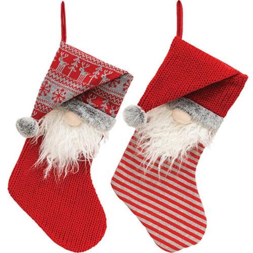Red Gnome Knit Stocking - Set of 2 Assorted Christmas Stockings for Fireplace Decor, Holiday Gift Exchange & Festive Home Decoration