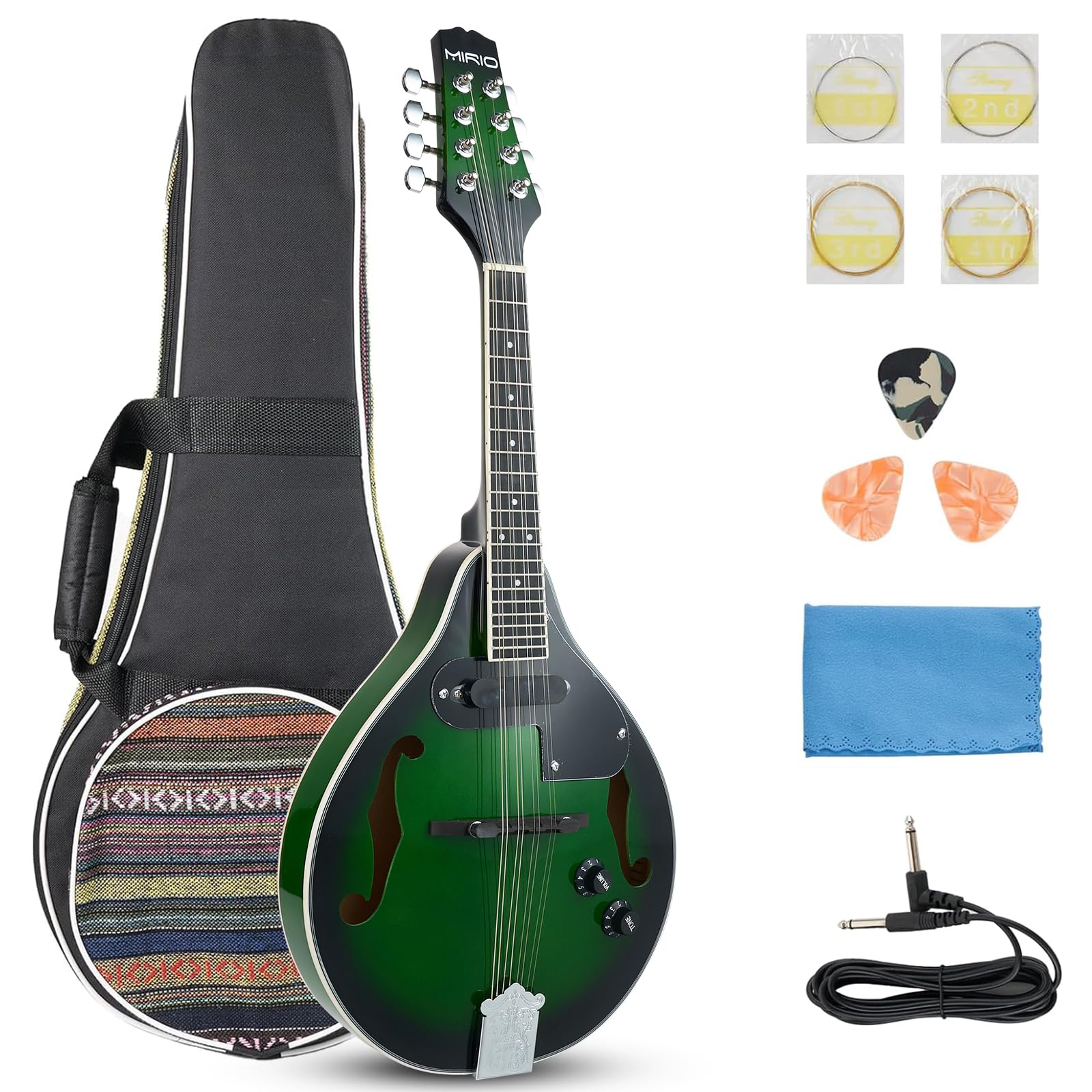 Acoustic Electric Mandolin - MIRIO A-Style 8-String Beginner Mandolin with Tuner, Strings, Bag & Picks (Electric Green) - Perfect for Adults Learning Music & Christmas Gifts