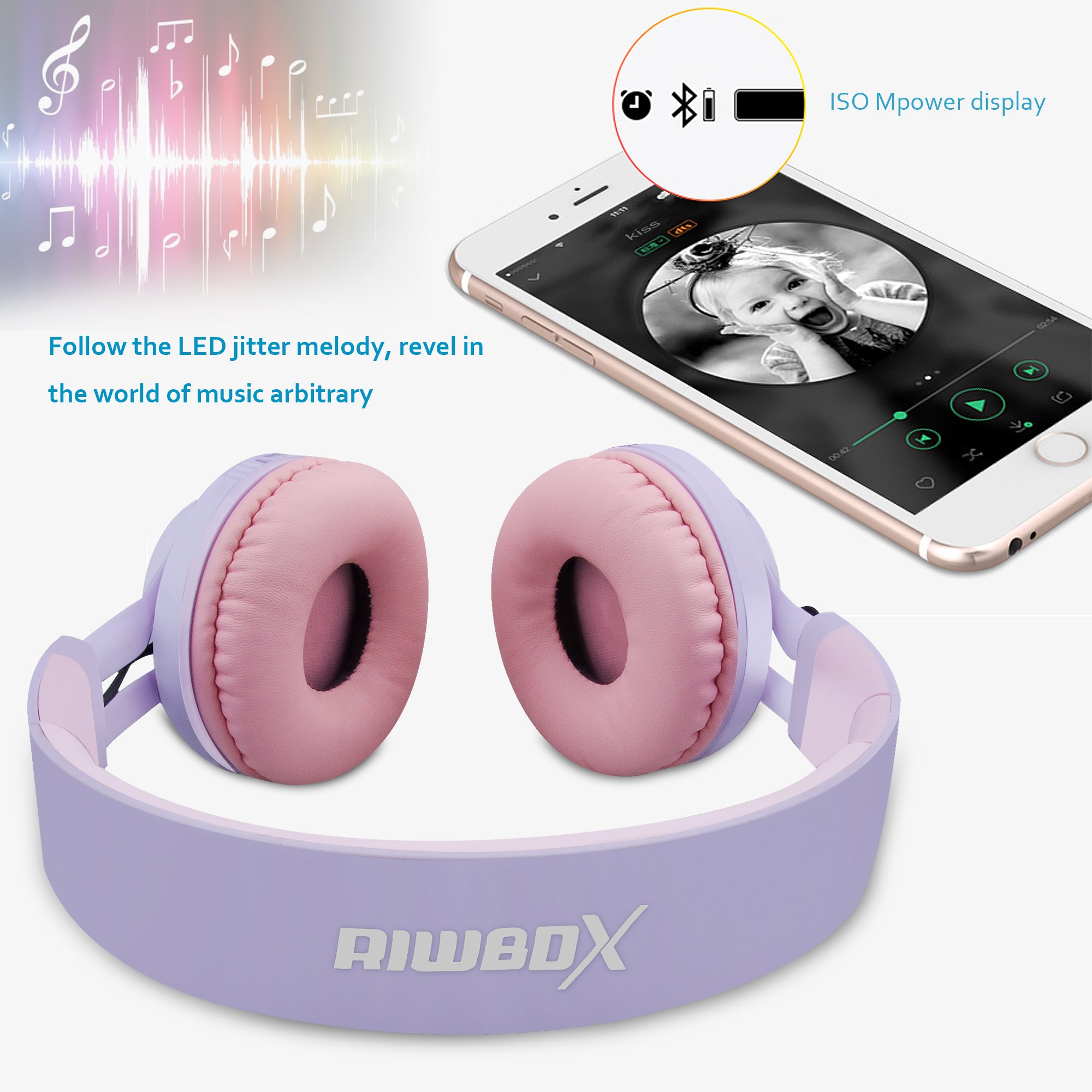Riwbox WT-7S Kids Bluetooth Headphones with LED Lights - Foldable Wireless Headphones with Built-in Mic & Volume Control for Children - Compatible with PC, Tablet, TV - Perfect for School, Travel & Home Use
