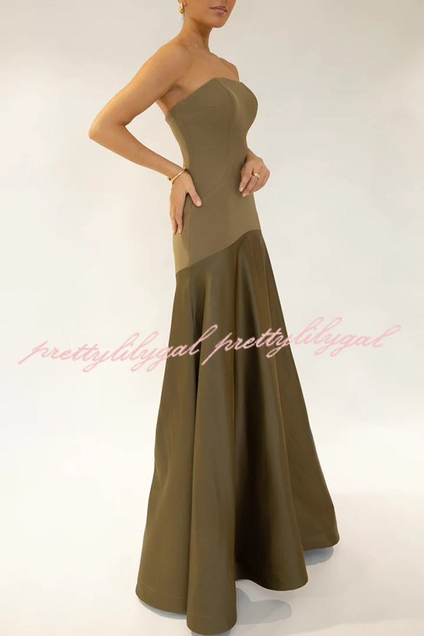 Timeless Elegance Satin Patchwork Strapless Flare Gown Maxi Dress for Women | Formal Evening Gown for Prom, Wedding, Red Carpet Events