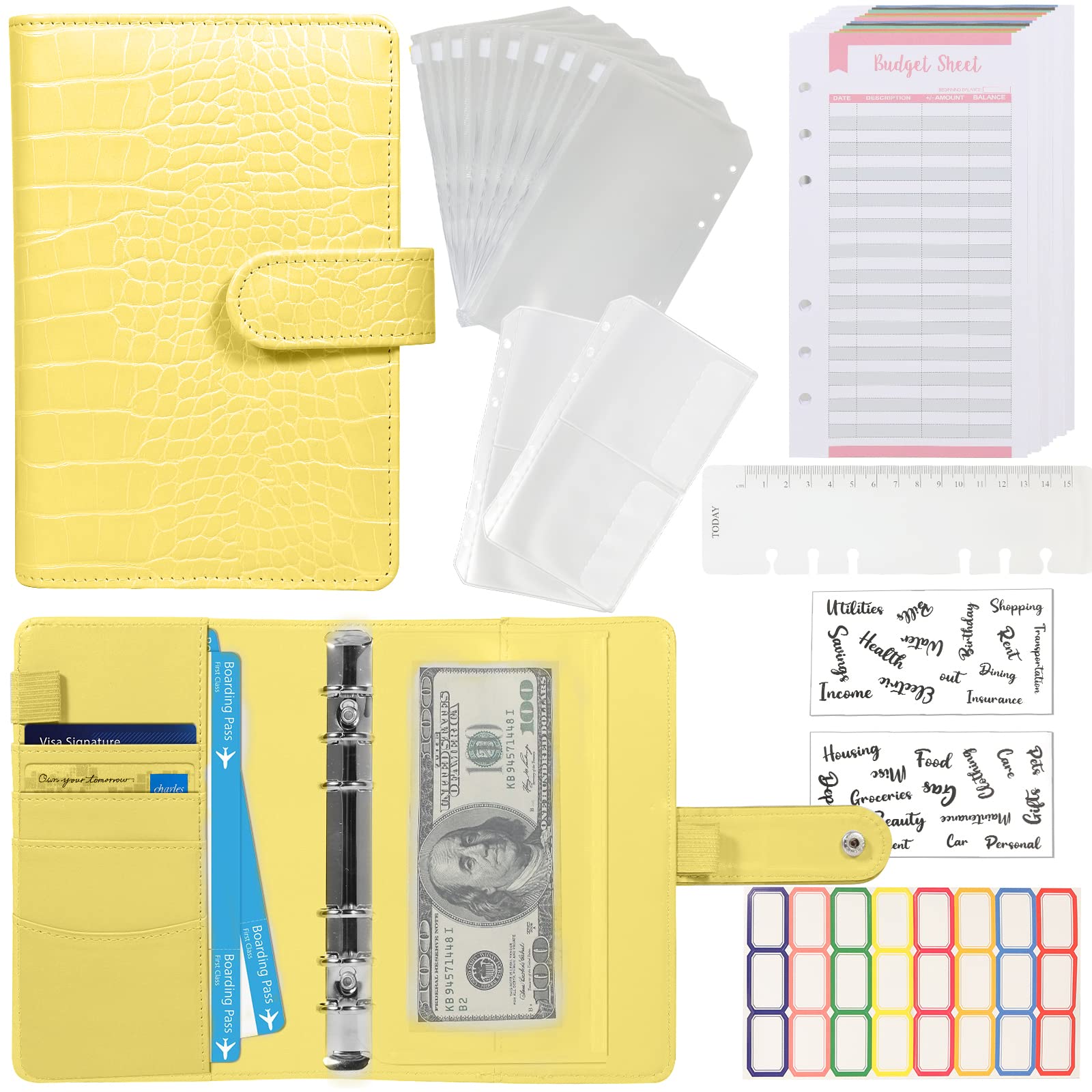 Crocodile A6 Budget Binder Set - Money Organizer for Cash Saving & Envelope System, Planner Binder with Pockets, Sheets & Labels (Yellow) - Perfect for Personal Finance, Cash Stuffing & Budget Planning at Home or Office