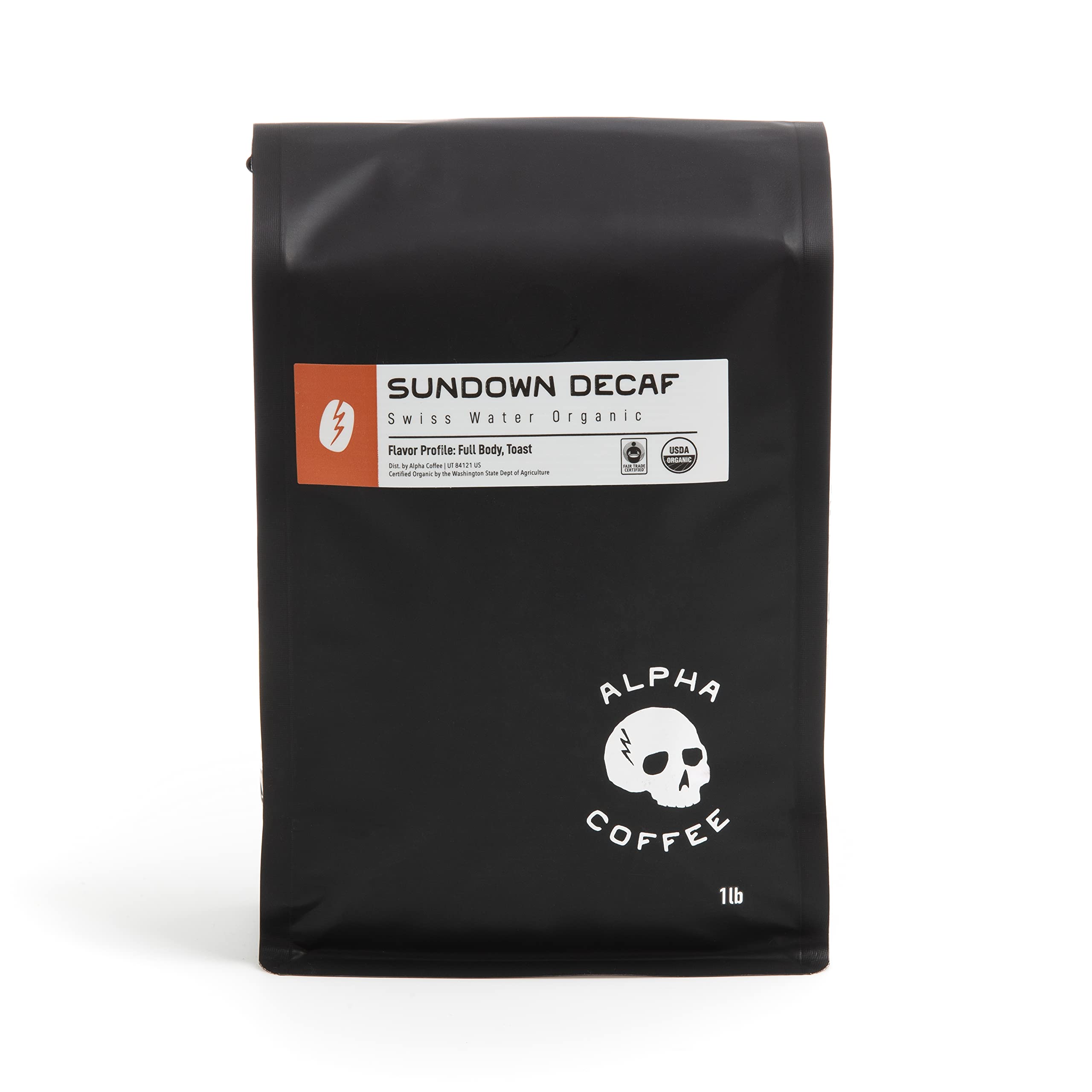 Alpha Coffee – Sundown Decaf - 16 oz. Premium Organic Decaffeinated Coffee | Medium Roast 100% Arabica Beans | Small Batch Roasted | Veteran Owned | Perfect for Afternoon Relaxation & Evening Enjoyment Without Caffeine