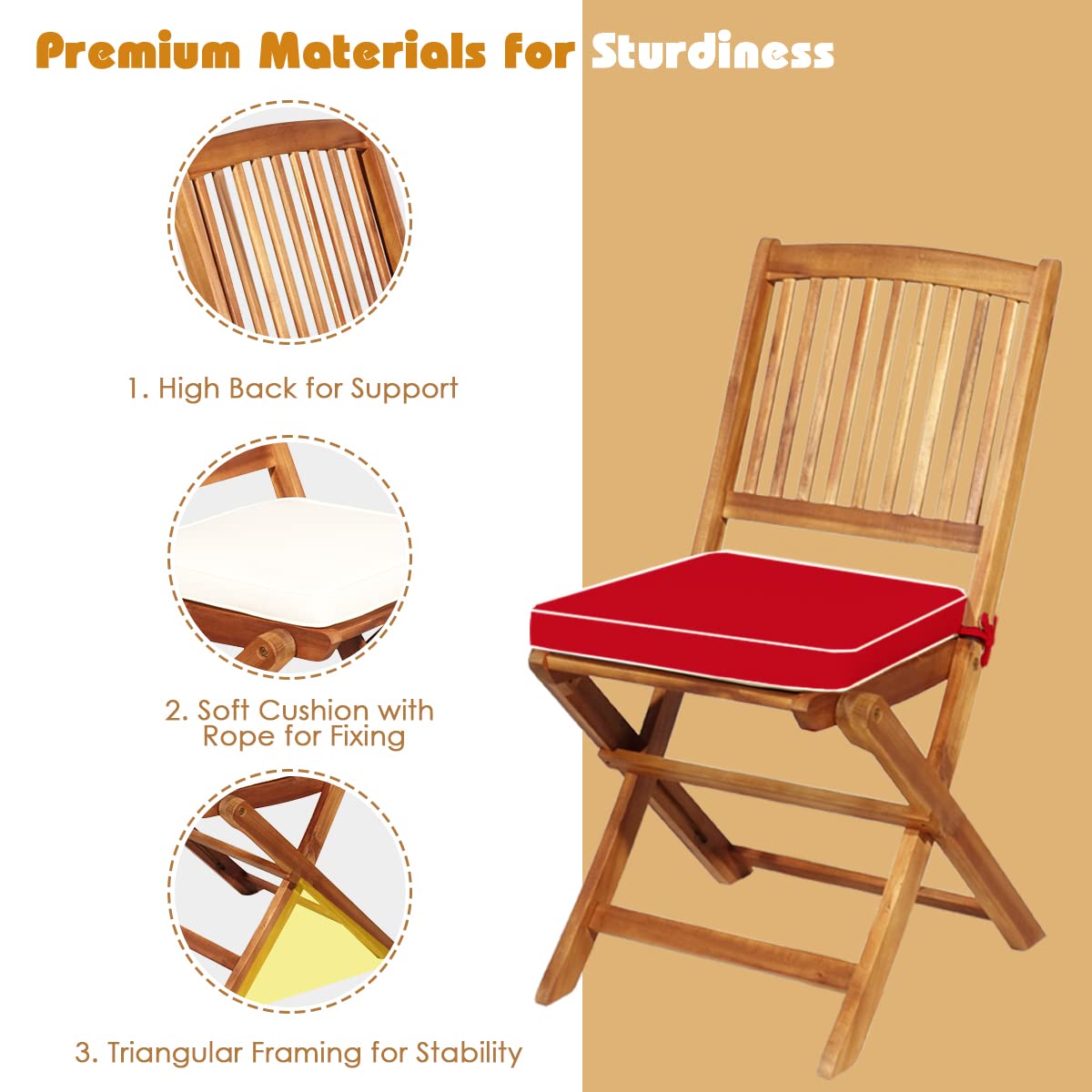 Giantex 3-Piece Patio Bistro Set - Wooden Folding Table with 2 Cushioned Chairs, Outdoor Garden Furniture for Yard, Deck, or Balcony - Natural & Red Wood Finish - Perfect for Small Spaces, Morning Coffee, and Outdoor Dining