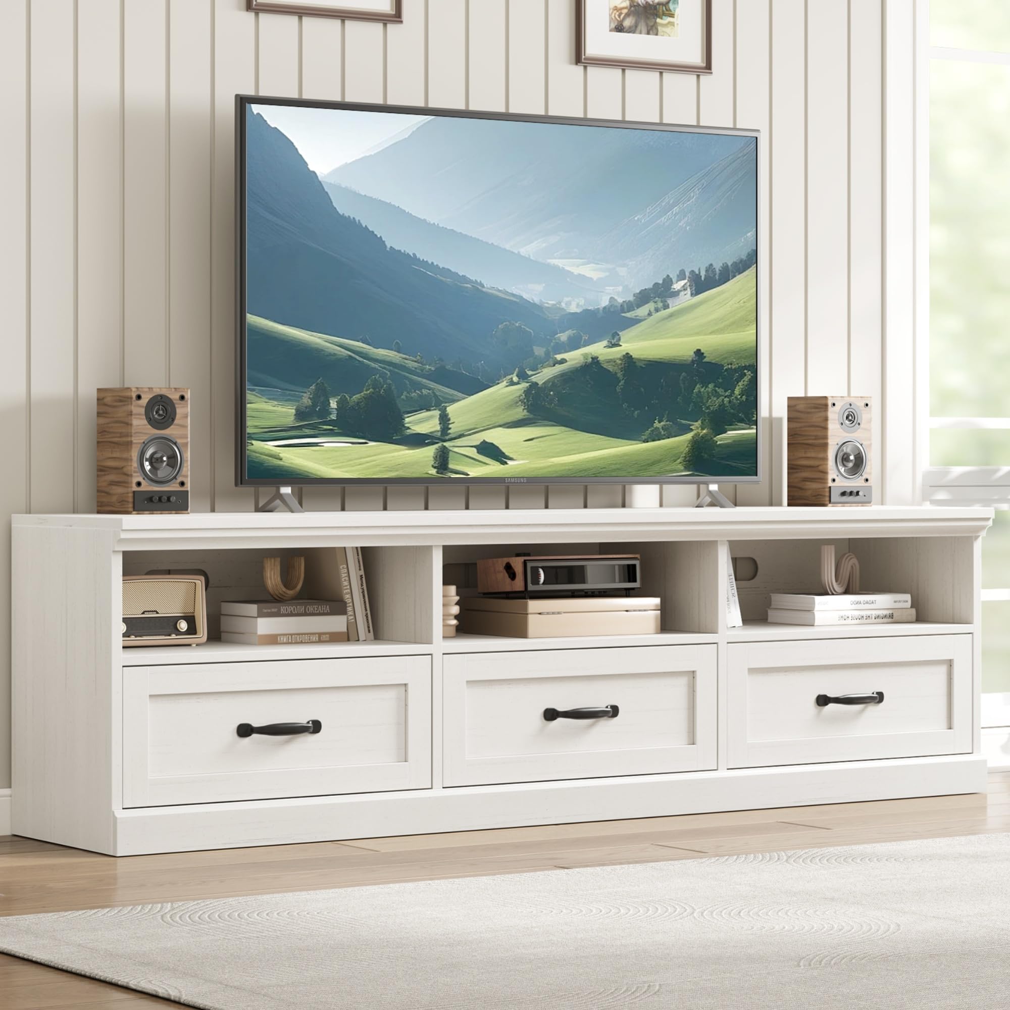 Mid-Century Modern TV Stand for 75 Inch TV - Wood Entertainment Center with Storage Drawer & Open Shelves - 70
