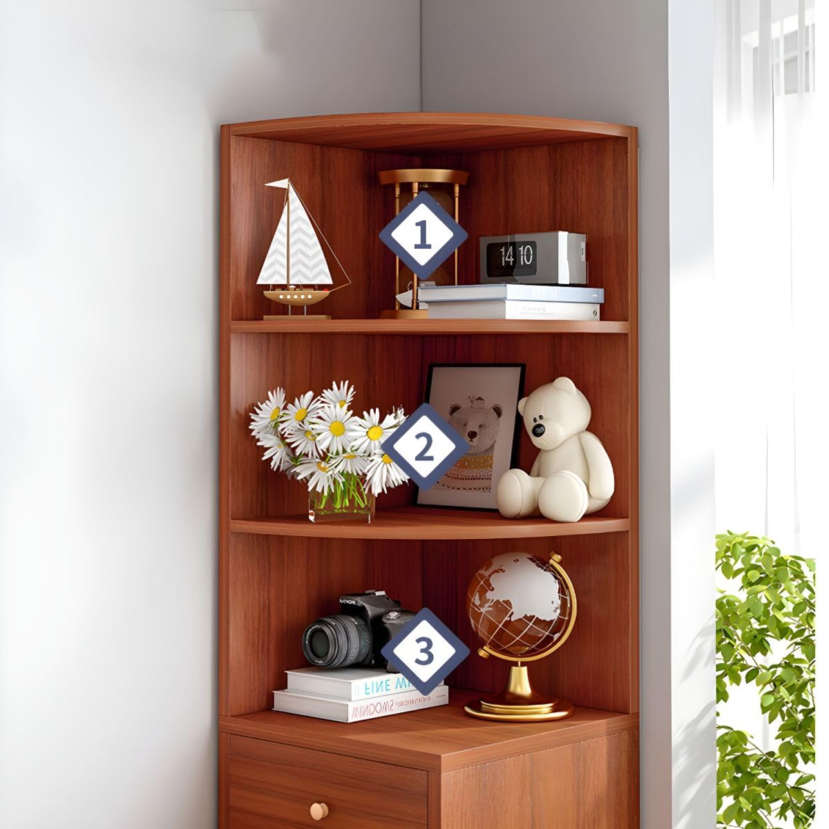 Triangular Corner Bookshelf - Natural Wooden Bookcase with Drawer for Study, Living Room & Bedroom (11.8