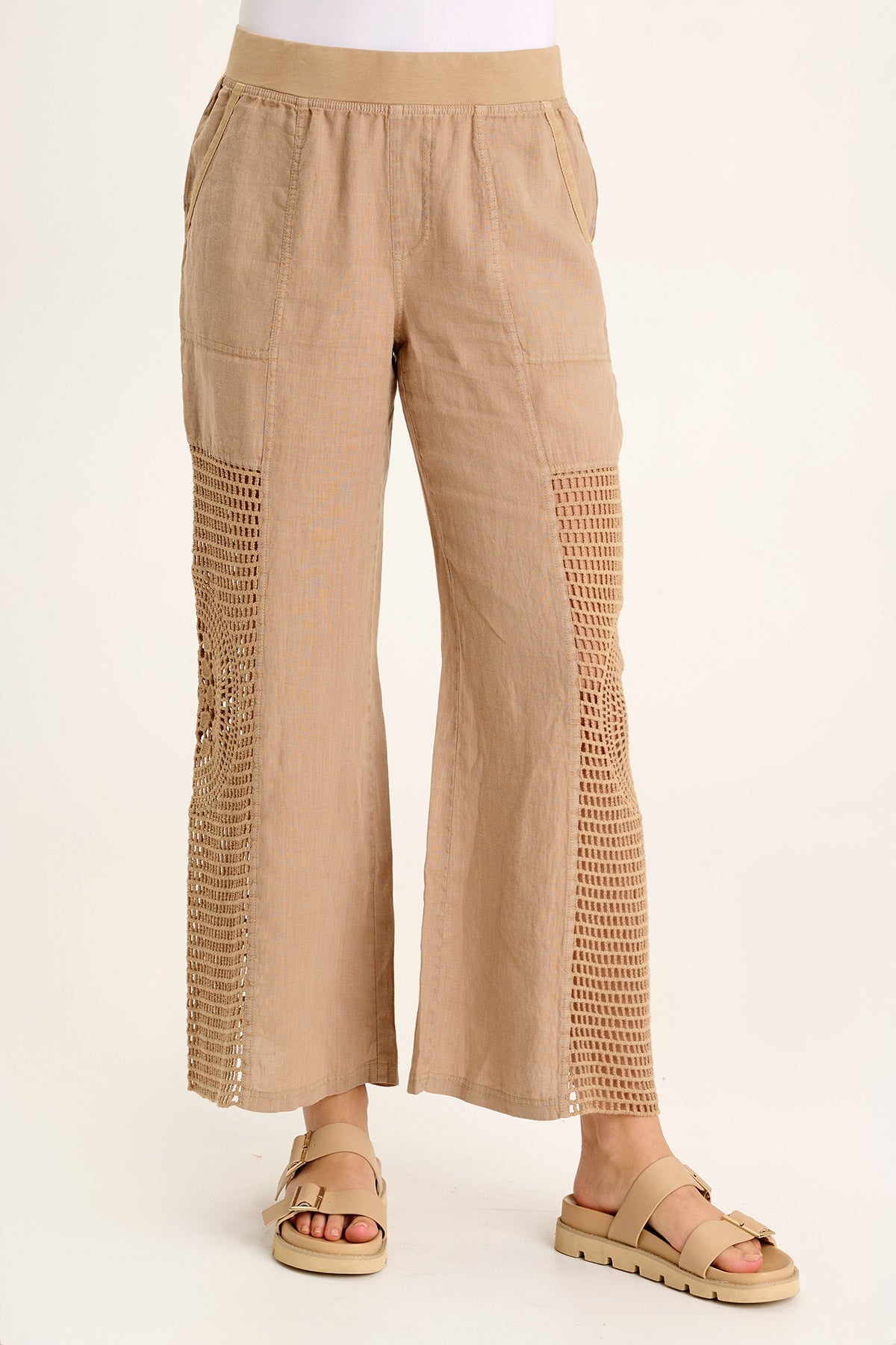 Tangent Linen Crochet Wide Leg Pants for Women - Boho Chic High Waisted Flowy Trousers - Perfect for Summer, Beach, and Casual Outings