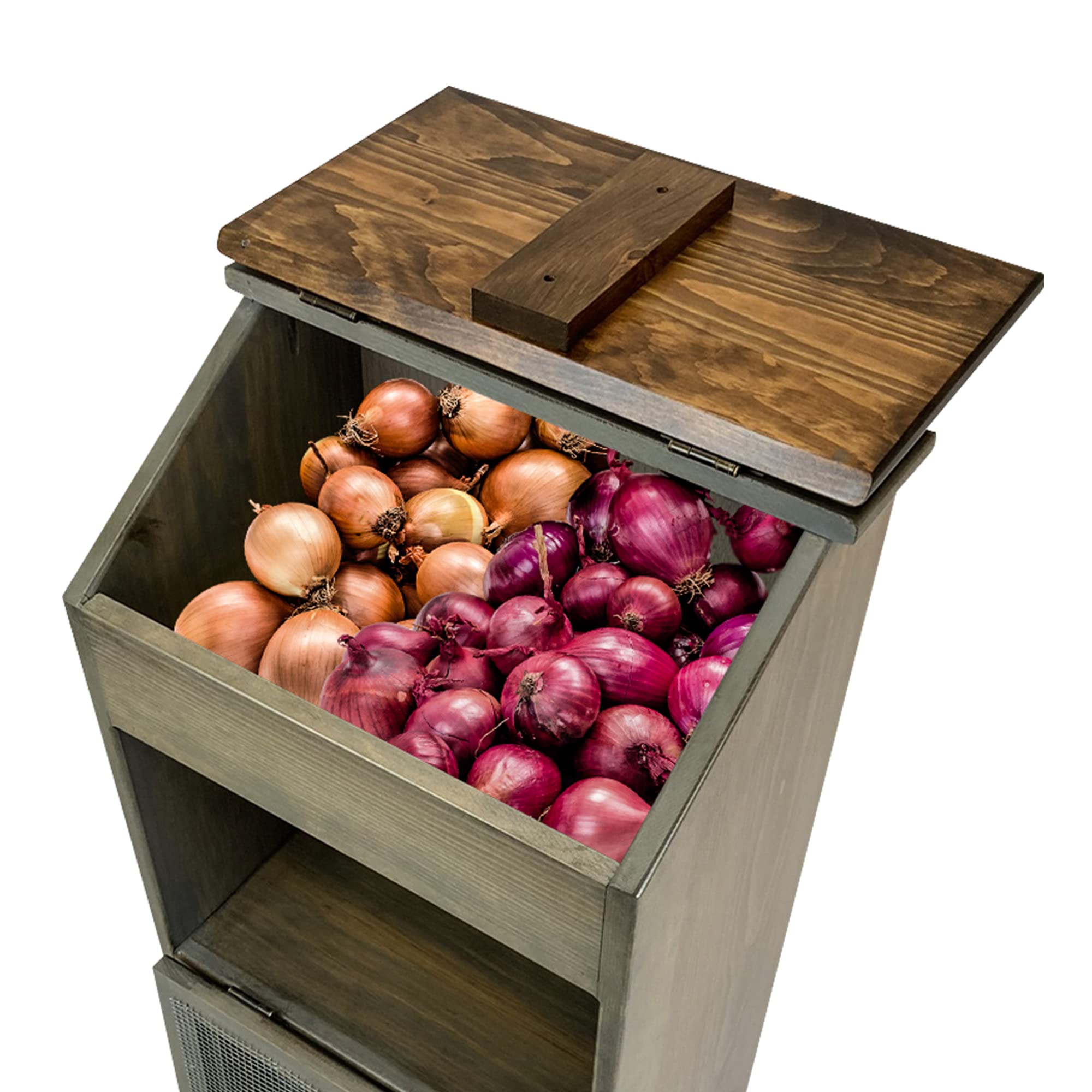 Wooden Potato & Onion Storage Bin with Lid - Rustic Kitchen Pantry Organizer for Bread, Vegetables & Groceries - Decorative Pewter Accents for Farmhouse & Country Style Kitchens