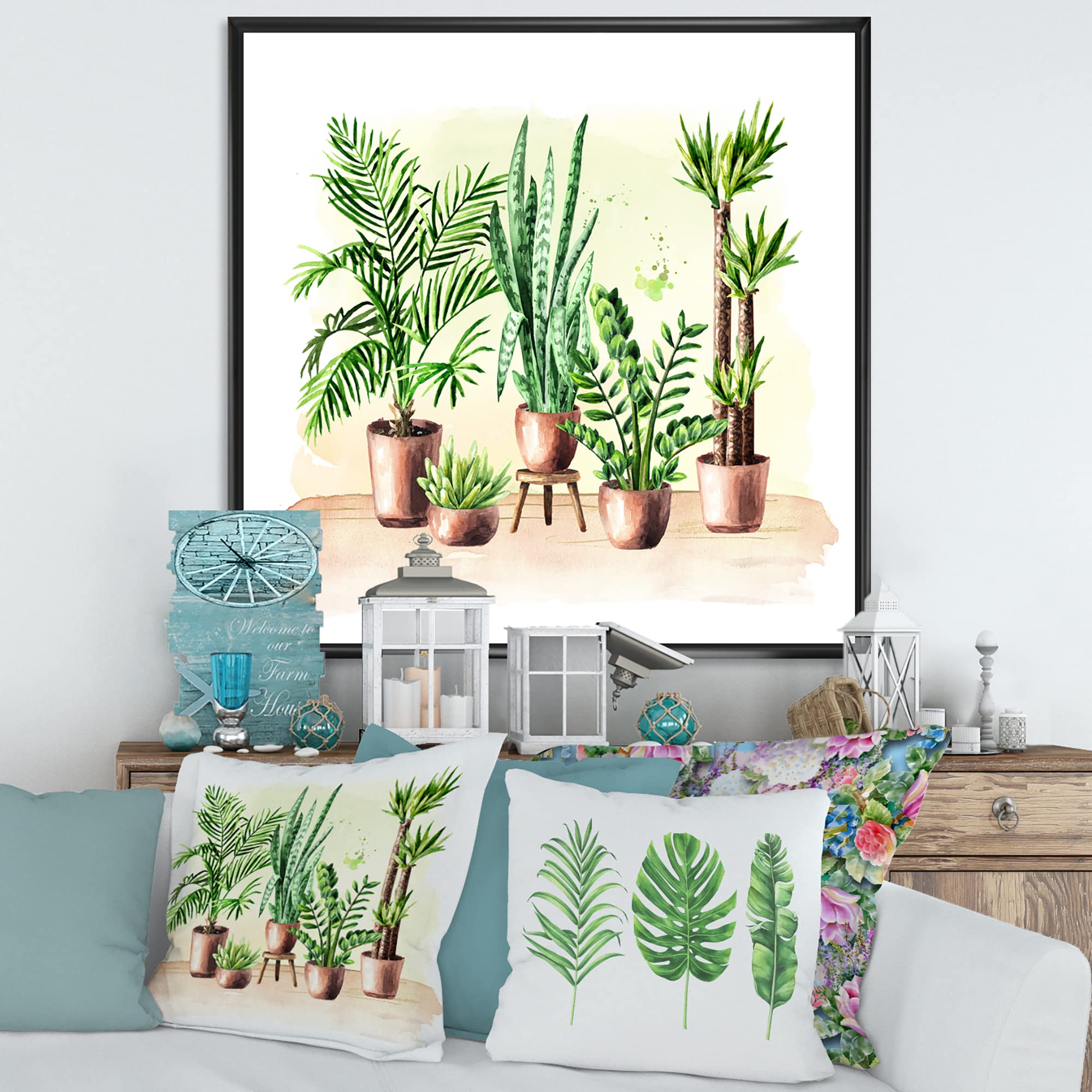 DesignQ Indoor Green Home House Plants I - Traditional Framed Canvas Wall Art Print | Botanical Wall Decor for Living Room, Bedroom & Office | Perfect Housewarming Gift for Plant Lovers