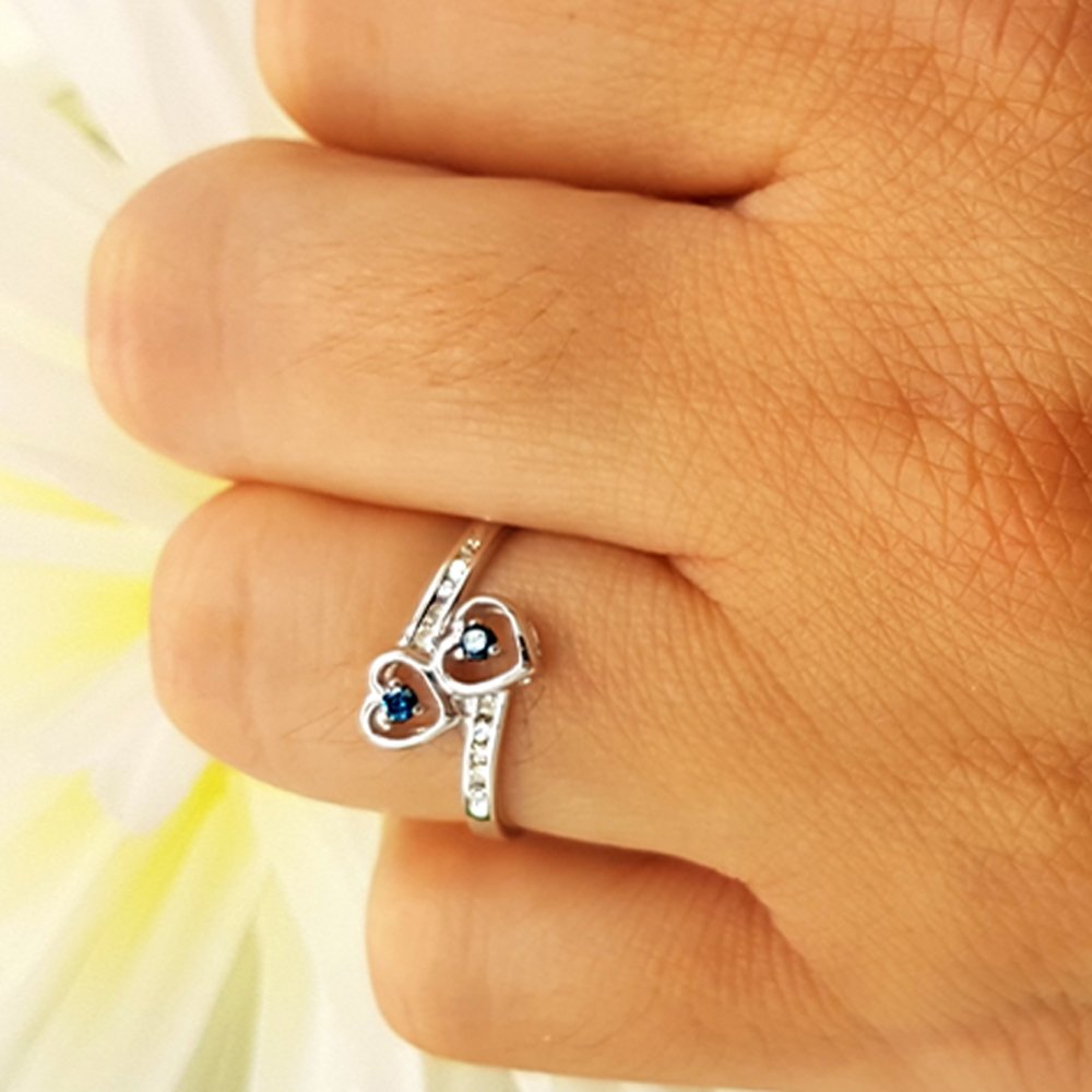 0.15ctw Blue & White Diamond Double Heart Promise Ring for Women - Sterling Silver Bridal Jewelry - Perfect for Engagement, Anniversary & Romantic Gifts