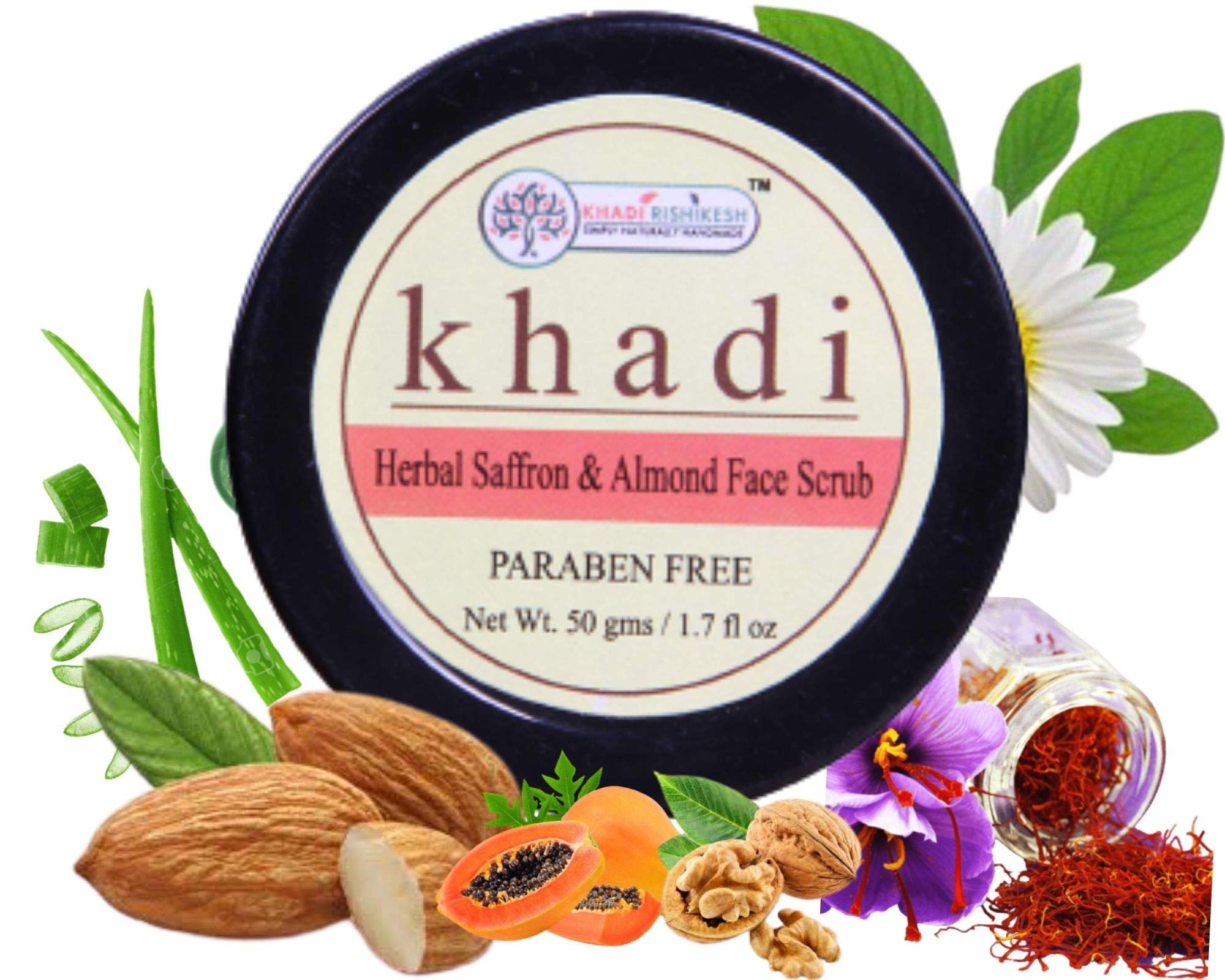 Khadi Rishikesh Herbal Saffron Almond Face Scrub - Natural Tan Removal & Blackhead Whitehead Cleanser | Brightening & Exfoliating Scrub for Fair Complexion | Paraben-Free, 50GM for Women & Men | Includes Free Hair Rubber Band | Perfect for Daily Skincare & Spa Treatments