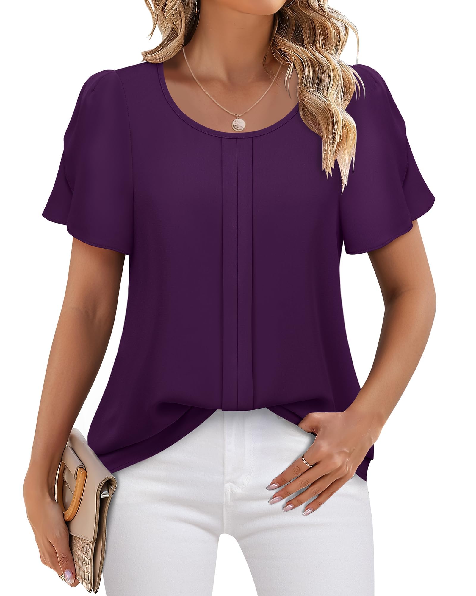 Women's Chiffon Blouses - Business Casual Short Sleeve Tunic Tops for Office Work | Elegant Petal Sleeve Dress Shirts for Professional & Casual Wear