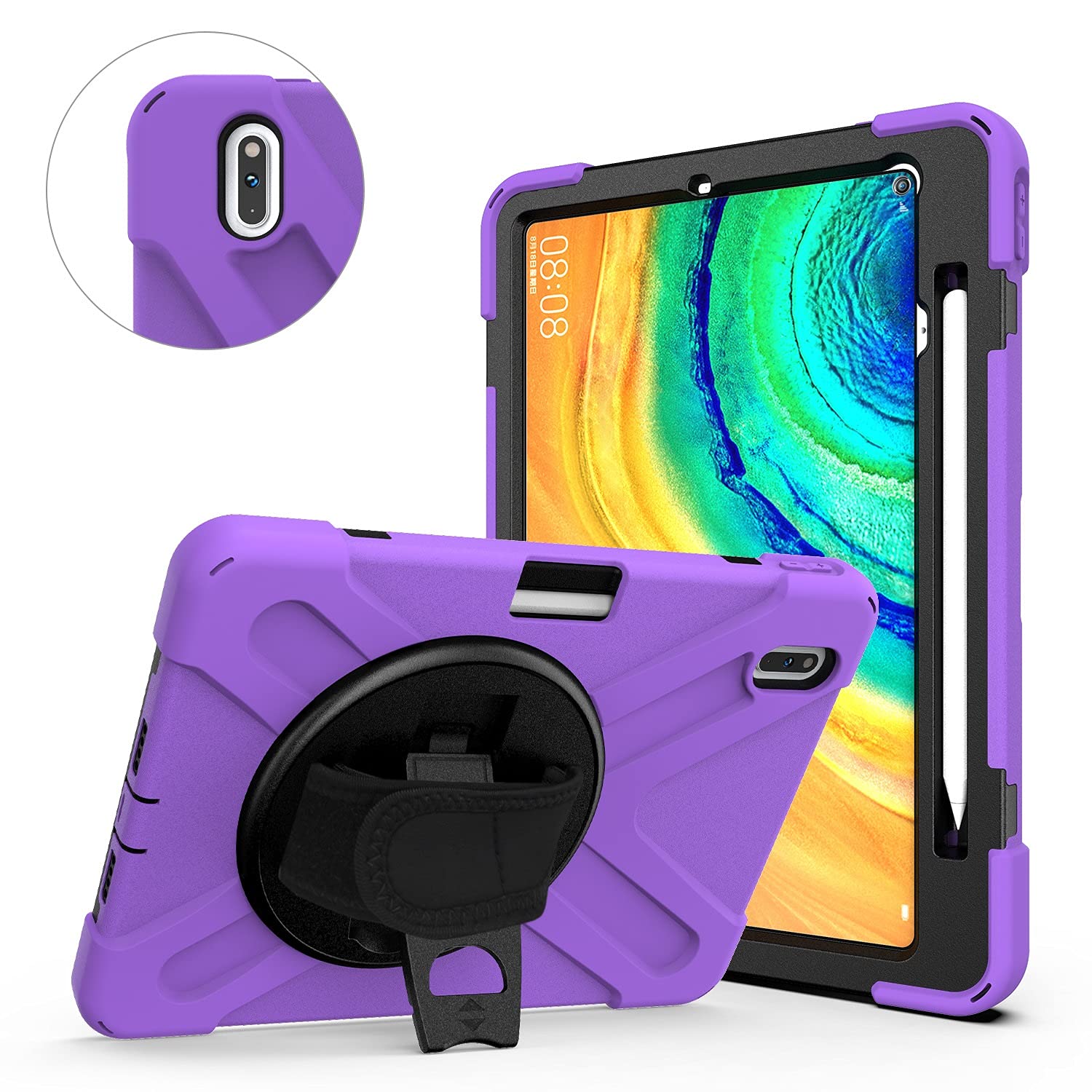 Premium Shockproof Kids Tablet Case for Huawei MatePad Pro 10.8/10.8 5G - Rotating Stand with Hand Strap & Shoulder Strap (Purple) - Perfect for School, Travel & Home Use