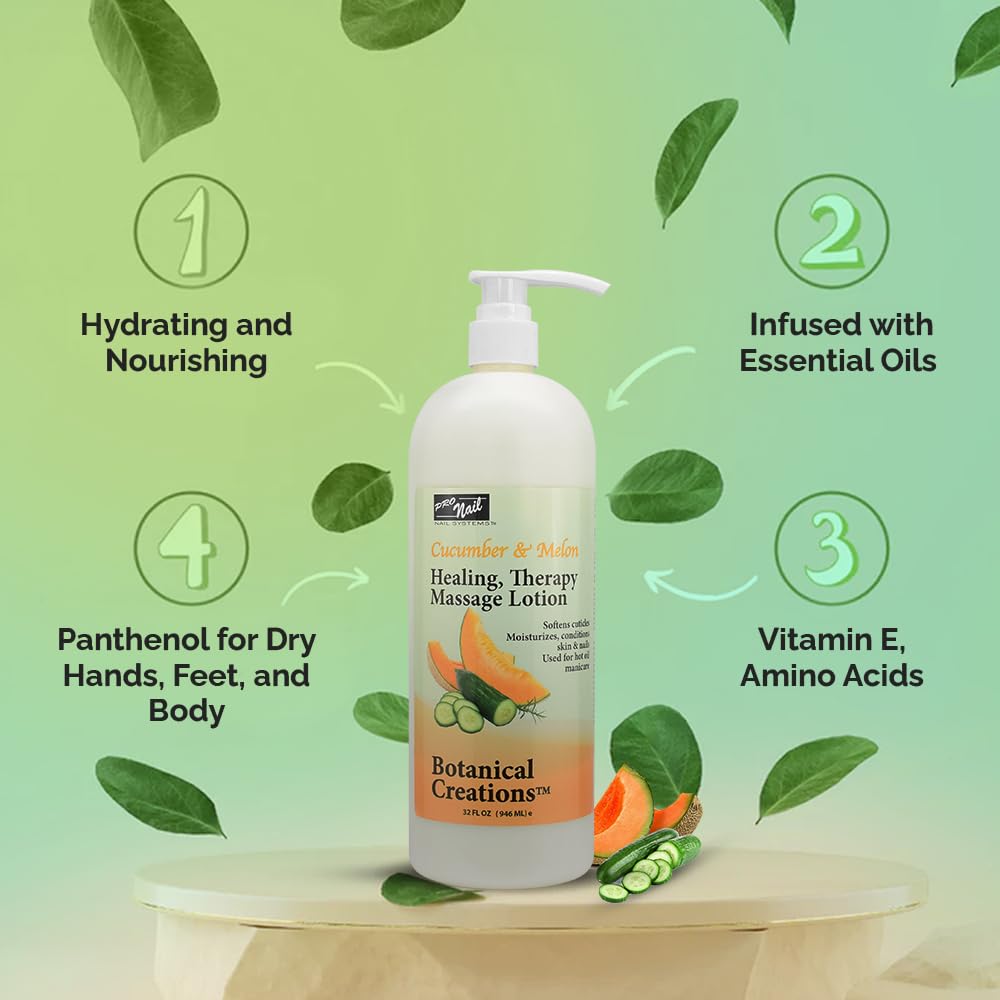 PRO NAIL - Cucumber Melon Healing Therapy Massage Lotion (32 Oz) - Professional Pedicure & Manicure Oil with Natural Oils, Vitamins & Amino Acids - Ideal for Spa, Salon & At-Home Nail Care Treatments
