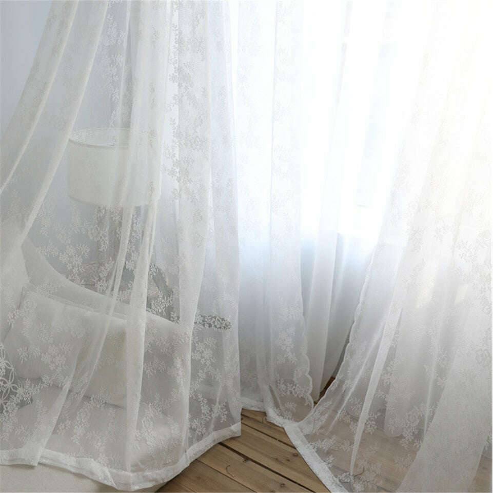 Remy European White Net Floral Embroidered Sheer Curtains - Elegant Lace Window Drapes for Living Room, Bedroom & Wedding Decor