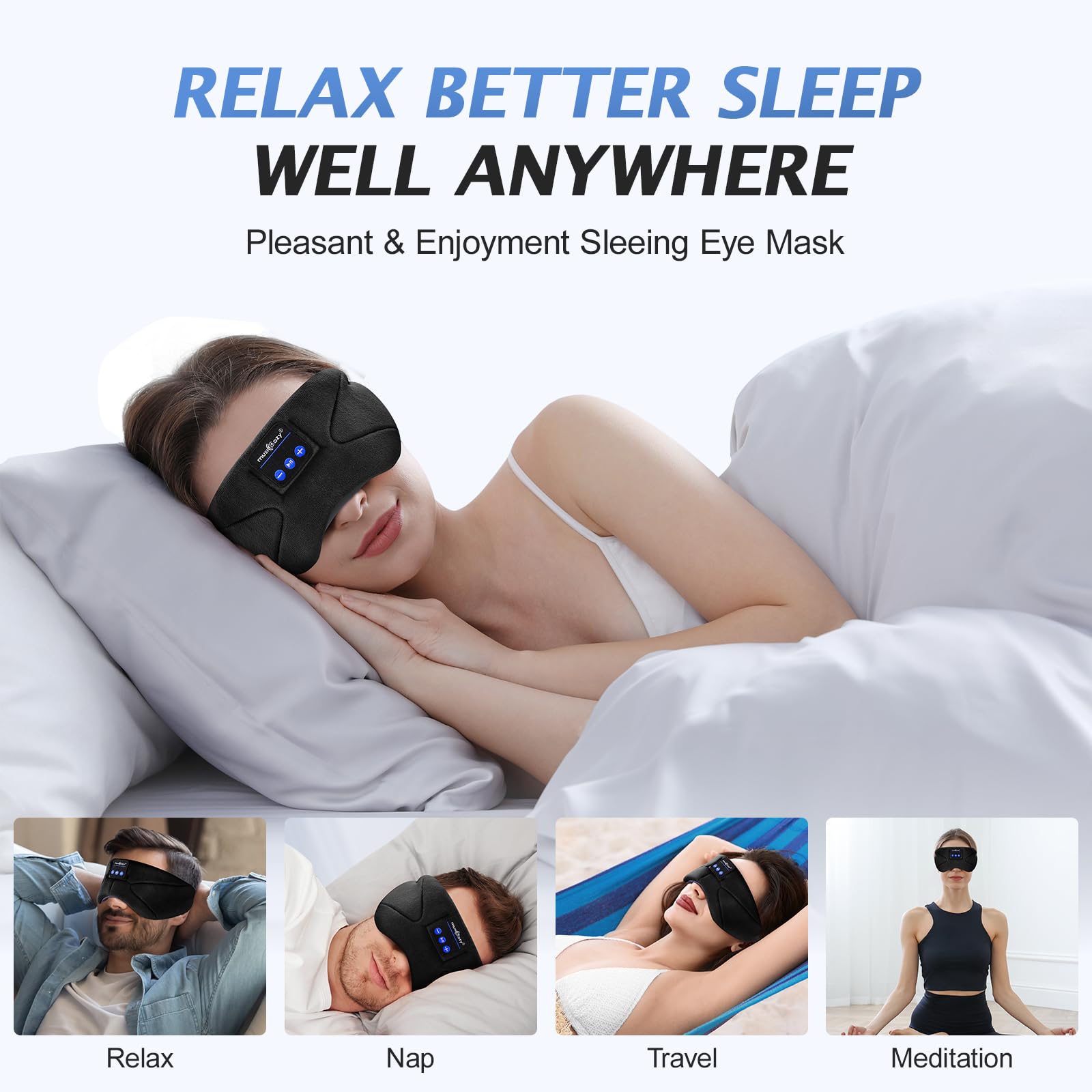 Musicozy Bluetooth Sleep Mask with Headphones - Soft Blackout Eye Mask for Sleeping, Relaxation, Travel, Meditation & Yoga - Wireless Sleep Headphones for Men & Women - Perfect for Nighttime Use, Airplane Travel & Stress Relief