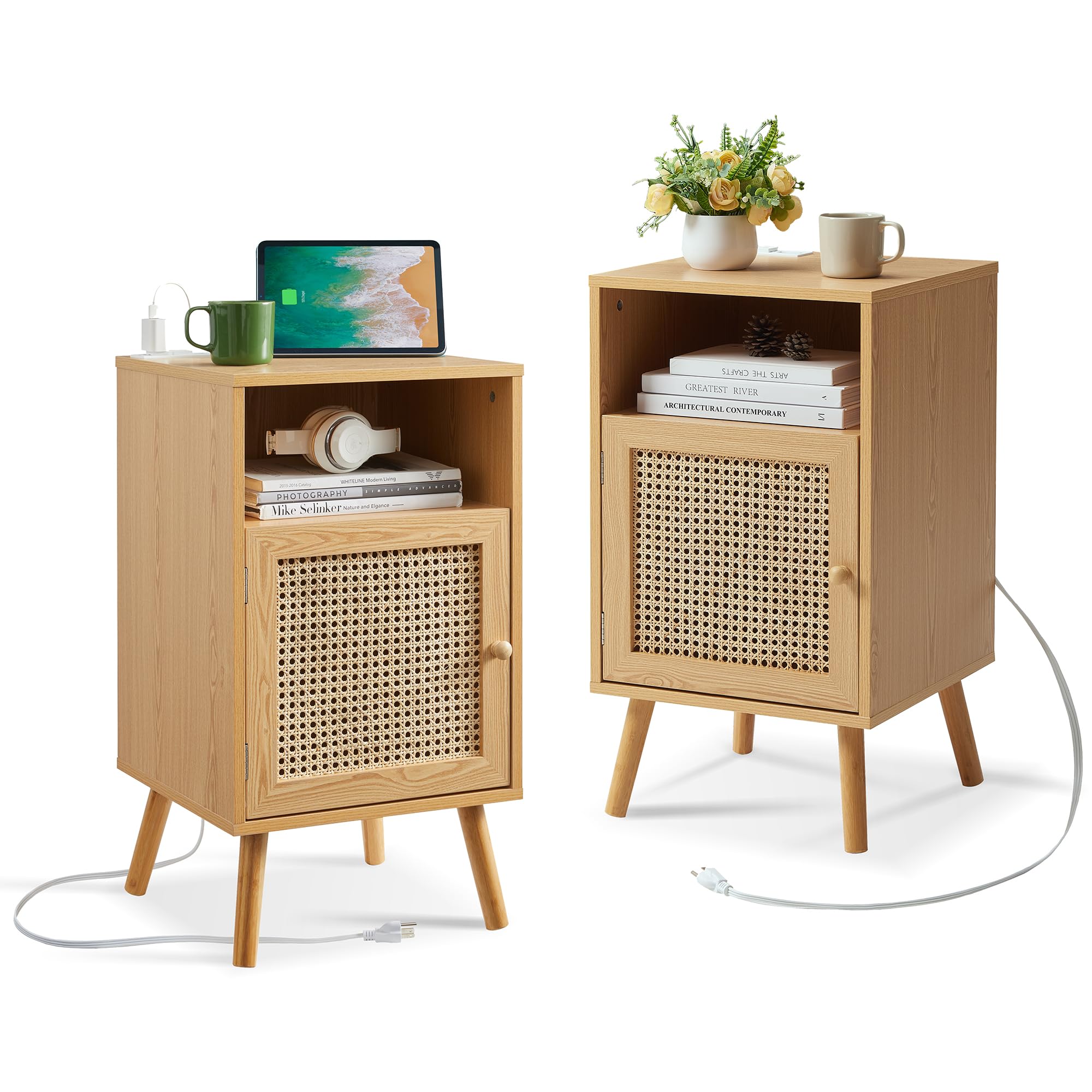 GTOLV Rattan Nightstand Set of 2 with Charging Station - Boho End Tables with Handmade Woven Doors & Pine Wood Legs for Bedroom, Living Room - Perfect for Small Spaces, Guest Rooms & Cozy Reading Nooks