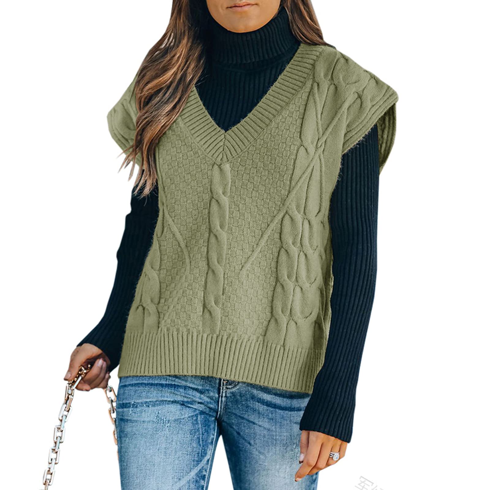 Dcohmch Women's Sleeveless Knit Vest - Casual V-Neck Oversized Lightweight Pullover Sweater, Y2K Style Plus Size Vest (Army Green, Large) | Perfect for Layering, Office Wear & Casual Outfits