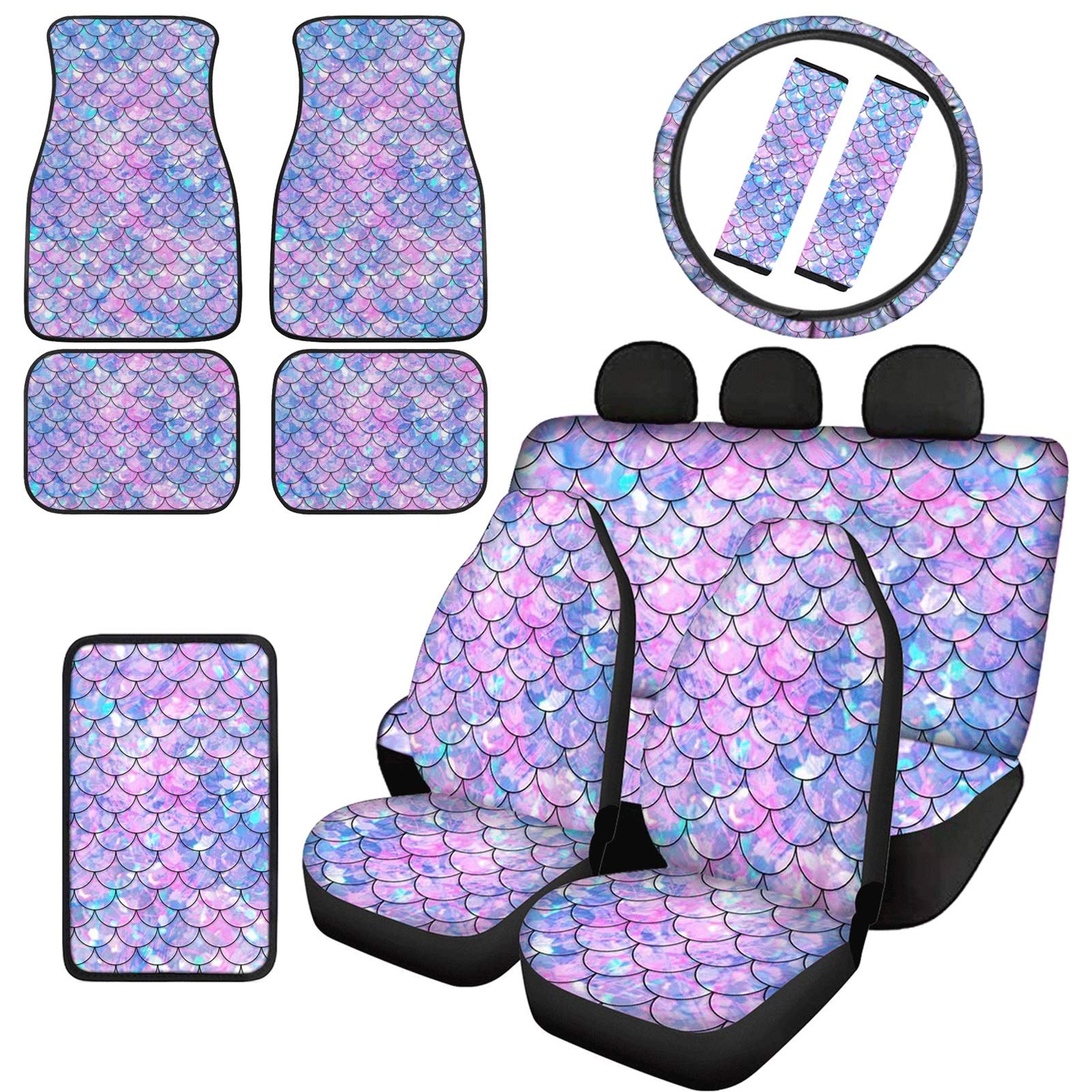 **Pink Mermaid Scales Car Seat Covers Set - Front & Rear Bench Covers, Steering Wheel Cover, Center Console Storage Box, Armrest Cover, Seatbelt Strap Cover & Floor Mats - Perfect Gift for Women & Ladies - Ideal for Road Trips, Daily Commutes & Car Interior Styling**