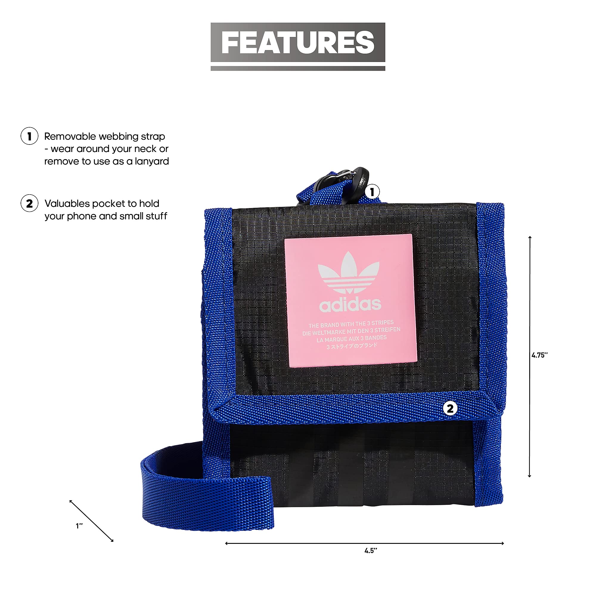 Adidas Originals Travel Neck Pouch Wallet with Detachable Lanyard - Black, Lucid Blue & Beam Pink - One Size - Perfect for Travel, Hiking & Outdoor Activities