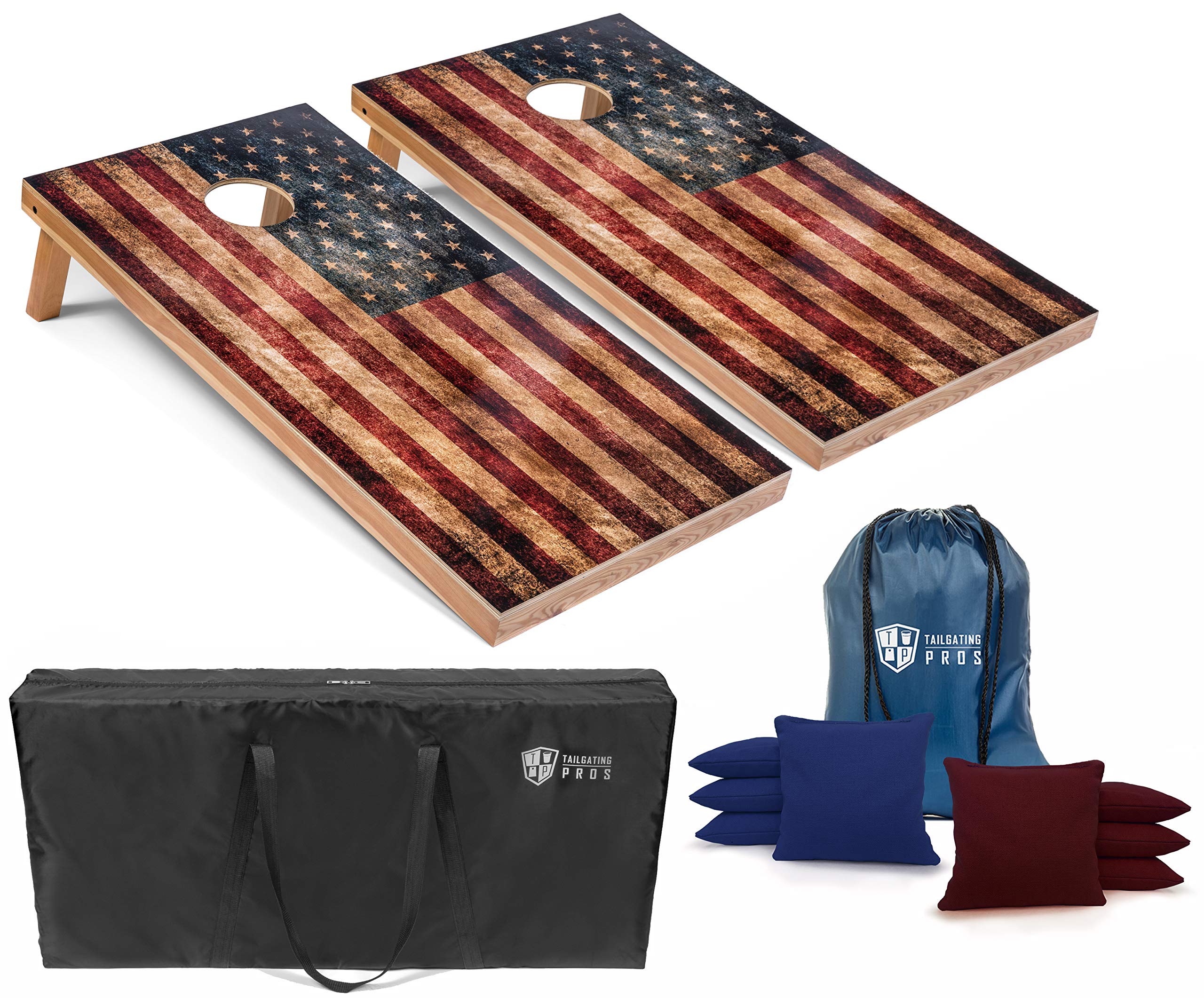 Rustic American Flag Cornhole Boards Set - 4'x2' Distressed Wooden Cornhole Game with LED Light Ring, 8 Bean Bags & Carrying Case | Perfect for Tailgating, Backyard Parties, BBQ Gatherings & Outdoor Games