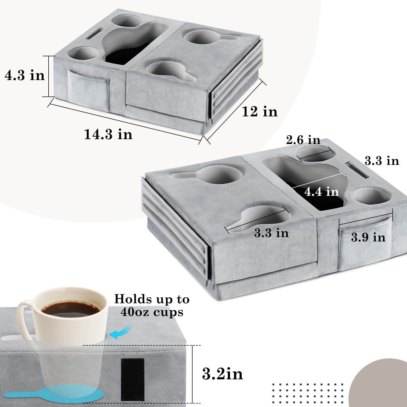Luxspire Couch Cup Holder Tray with 8 Holes & Side Pocket - Multi-Functional Tablet Pillow Caddy for iPad, Drinks, Remote Control & Snacks (Gray) - Perfect for Living Room, Bedroom & Movie Nights